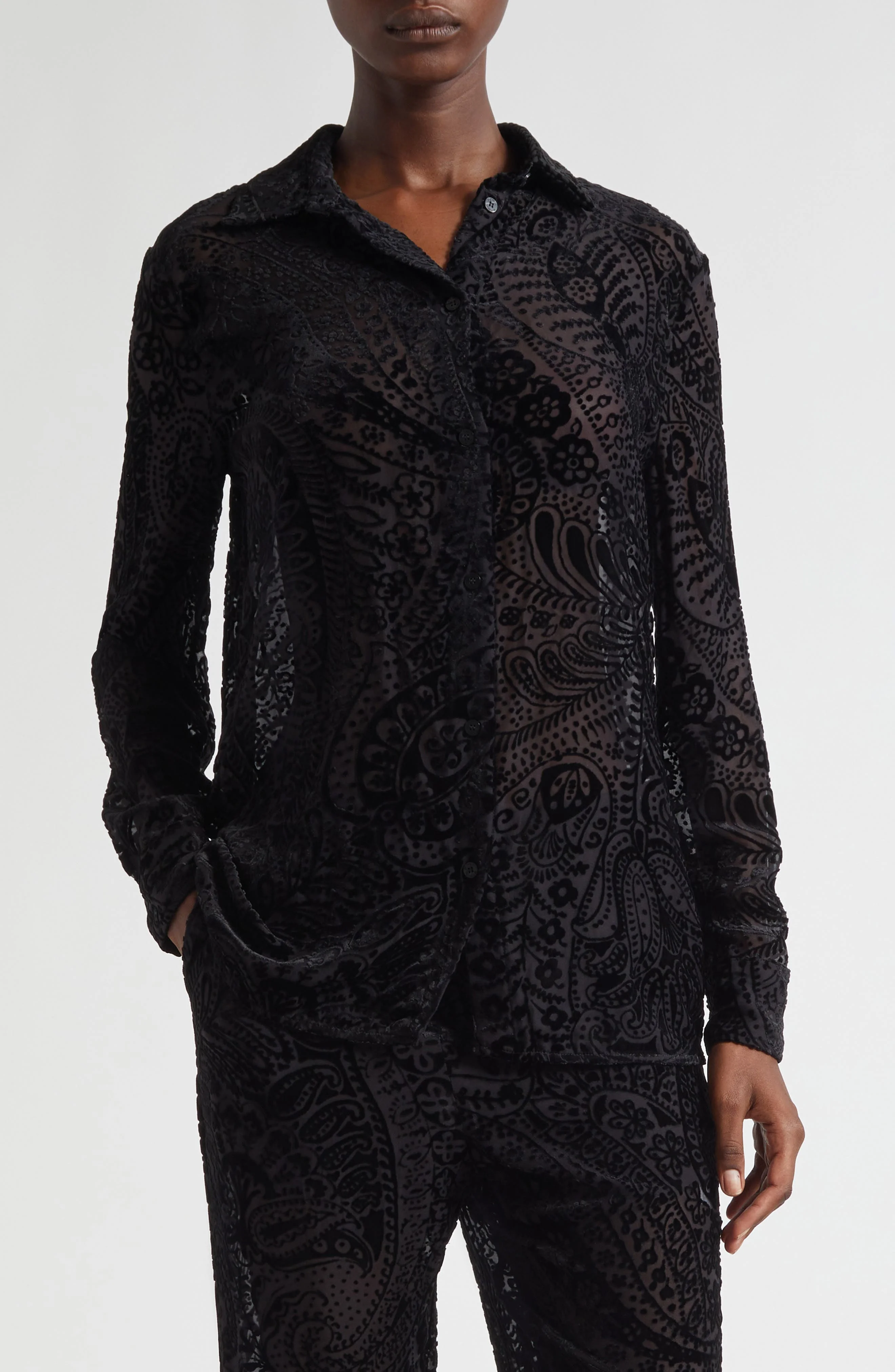 Etro Paisley Devoré Velvet Button-Up Shirt in Printed Black Base at Nordstrom - 1
