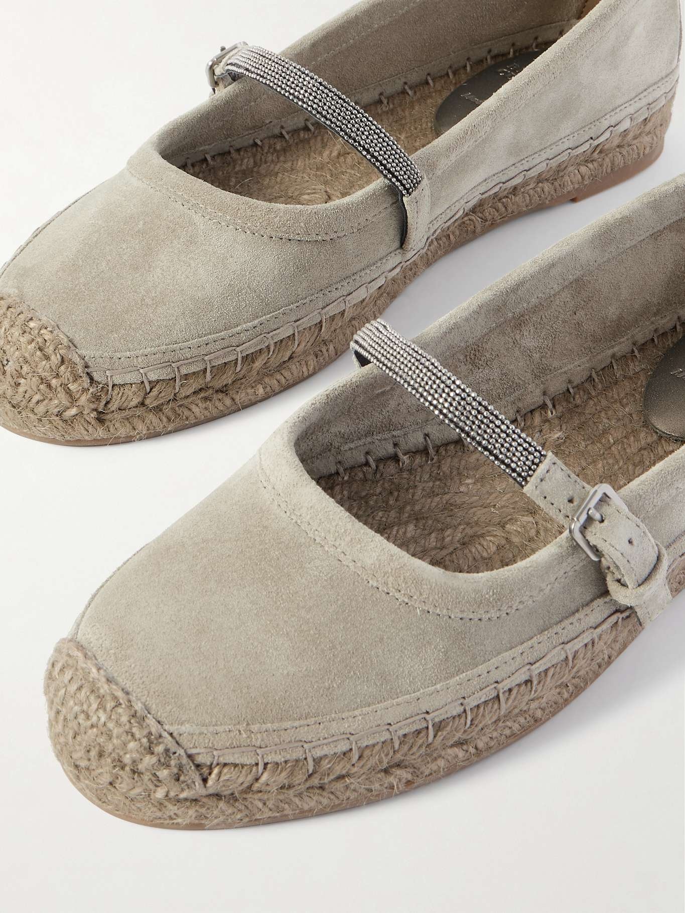 Bead-embellished suede Mary Jane espadrille flats Gray - 4
