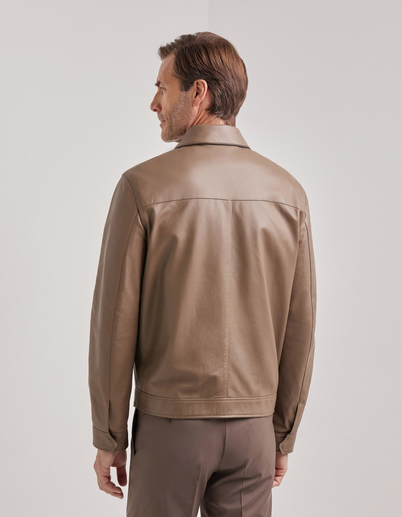 CARAMEL MIXED-MATERIAL ULTRALIGHT SUEDE BOMBER JACKET WITH KNIT INSERTS 253