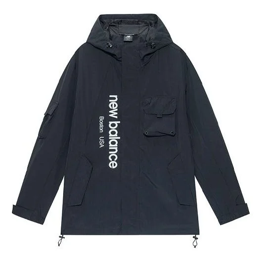 New Balance Men's New Balance Logo Printing Cargo Woven Hooded Jacket Black AMJ13392-BK - 1