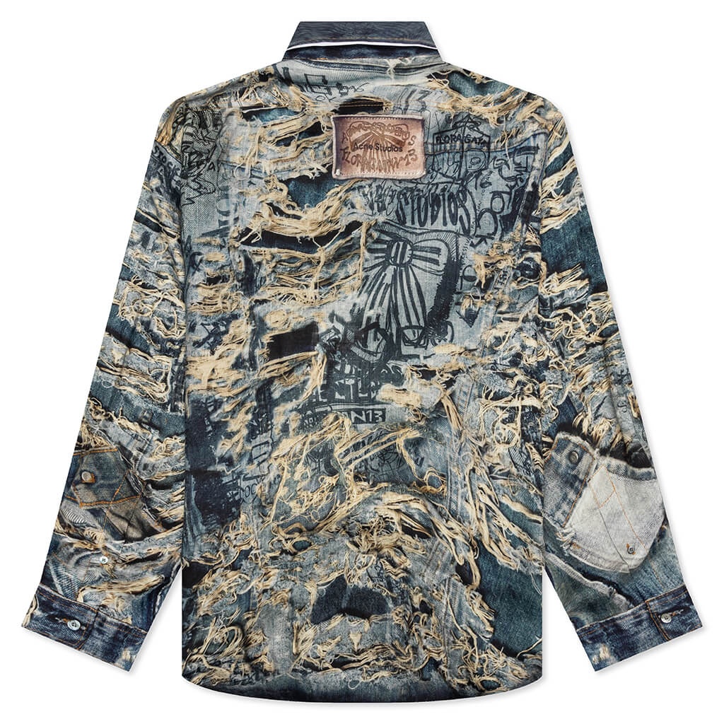 TROMPE L'OEIL DISTRESSED DENIM PRINT BUTTON UP FN-MN-SHIR000872 - DENIM BLUE - 2