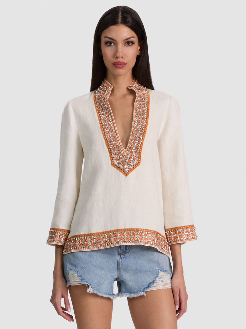 ELEONORA EMBELLISHED LINEN TUNIC TOP 2