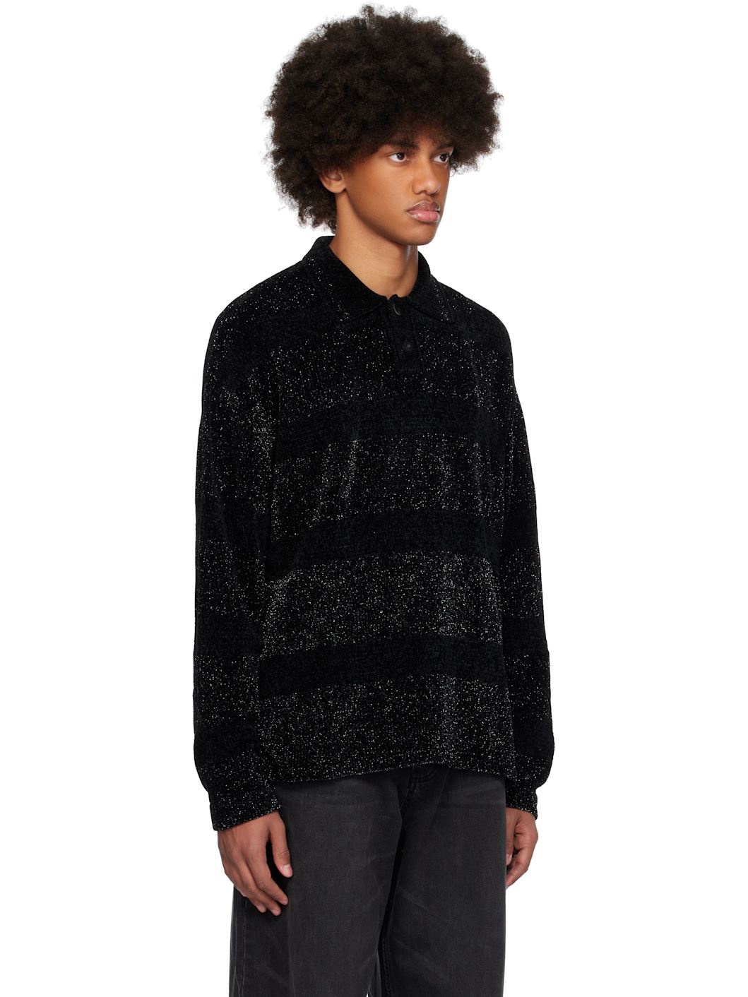 Black Glitter Striped Polo - 2