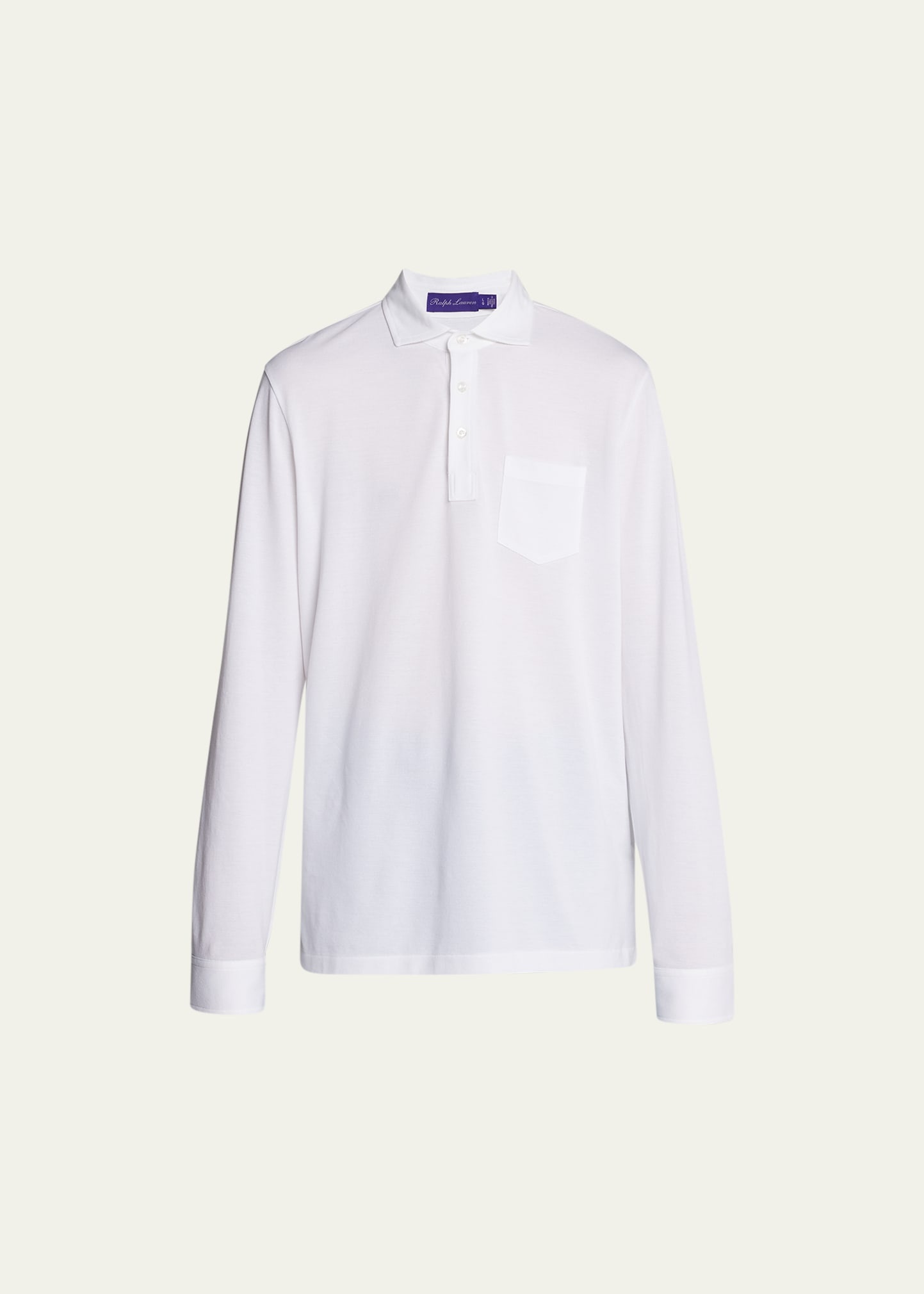 Men's Washed Long-Sleeve Pocket Polo Shirt, White - 1