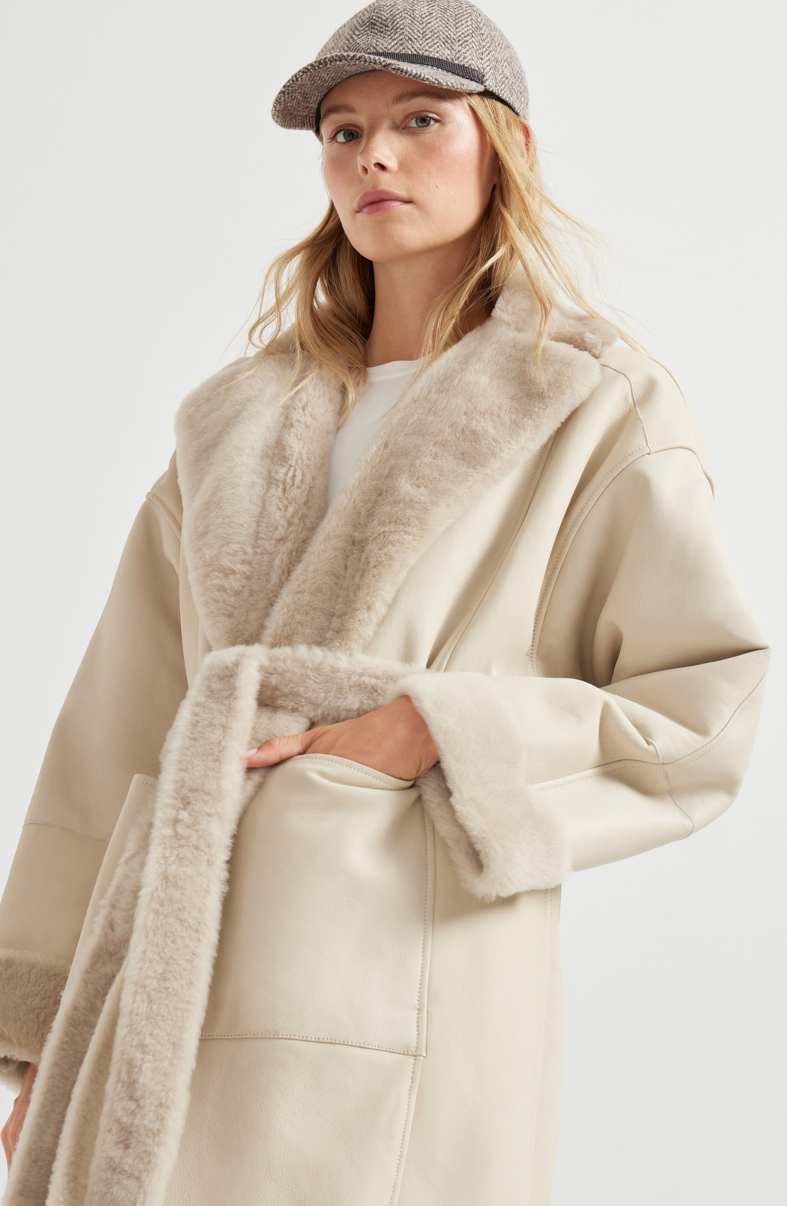 Brunello Cucinelli Shearling reversible coat in Cool Beige at Nordstrom - 5