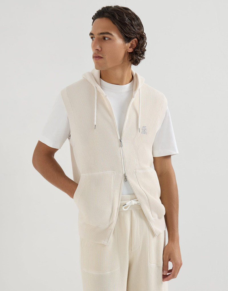 Cotton English rib knit hooded vest with logo and zipper 5