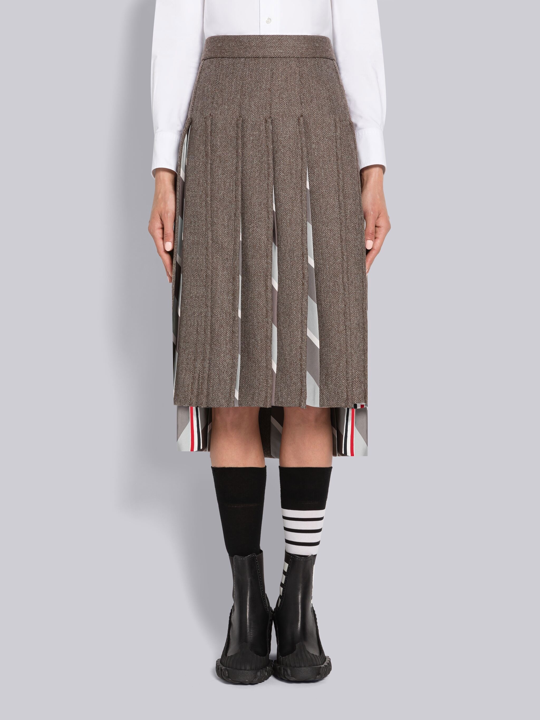 Herringbone Lambswool Silk Insert Pleated Skirt - 1