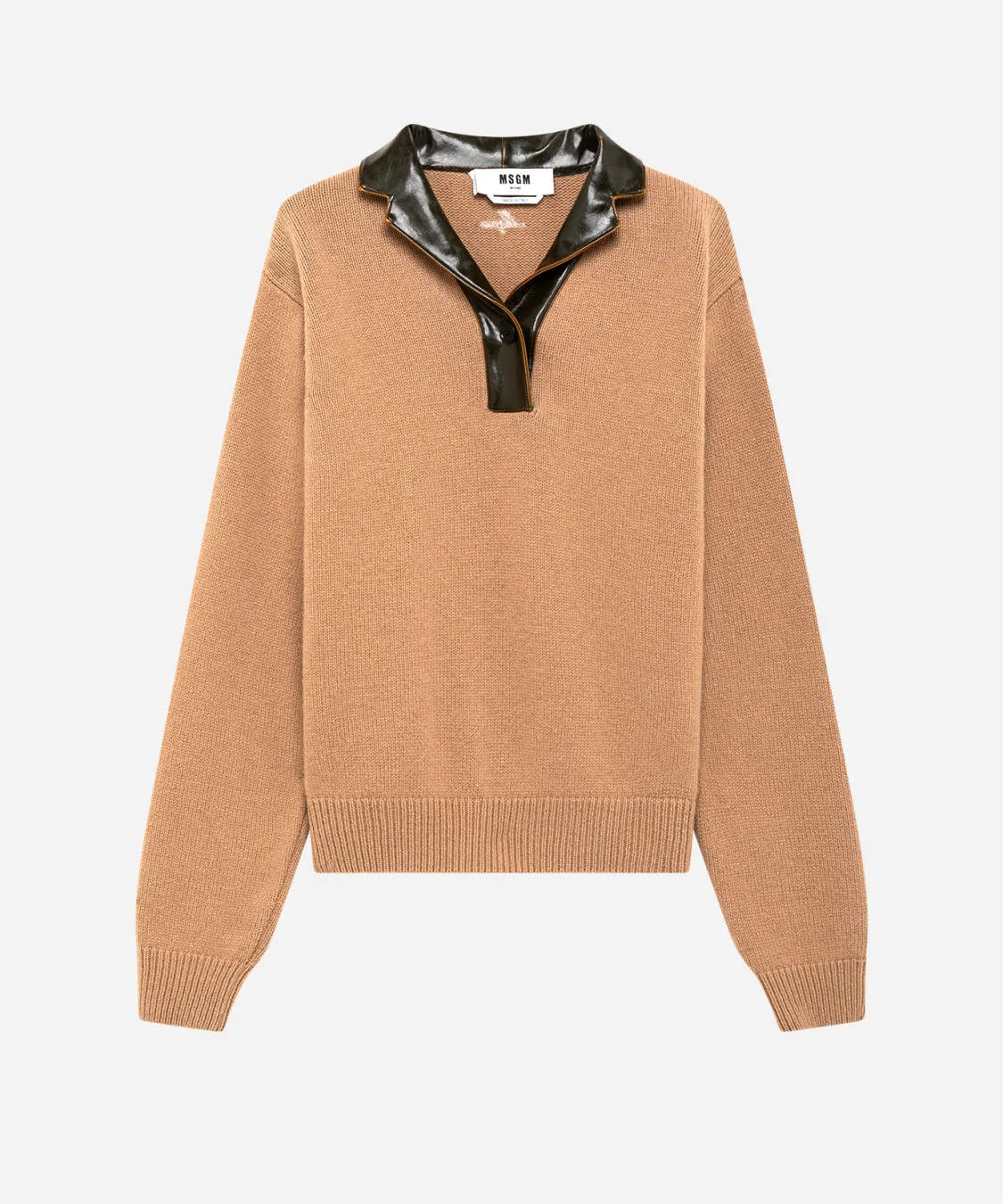 Polo in cashmere wool blend with faux leather details - 1