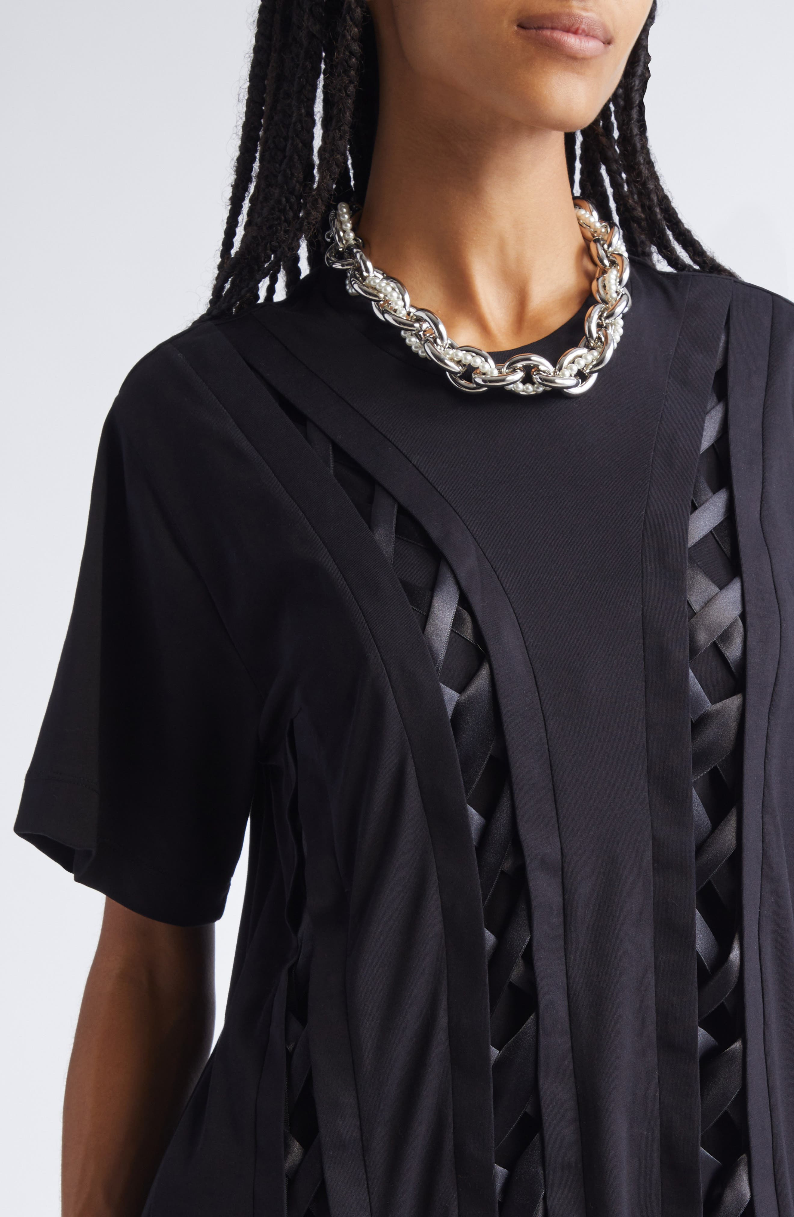 Simone Rocha Unraveling Ribbon Inset T-Shirt Dress in Black at Nordstrom - 4