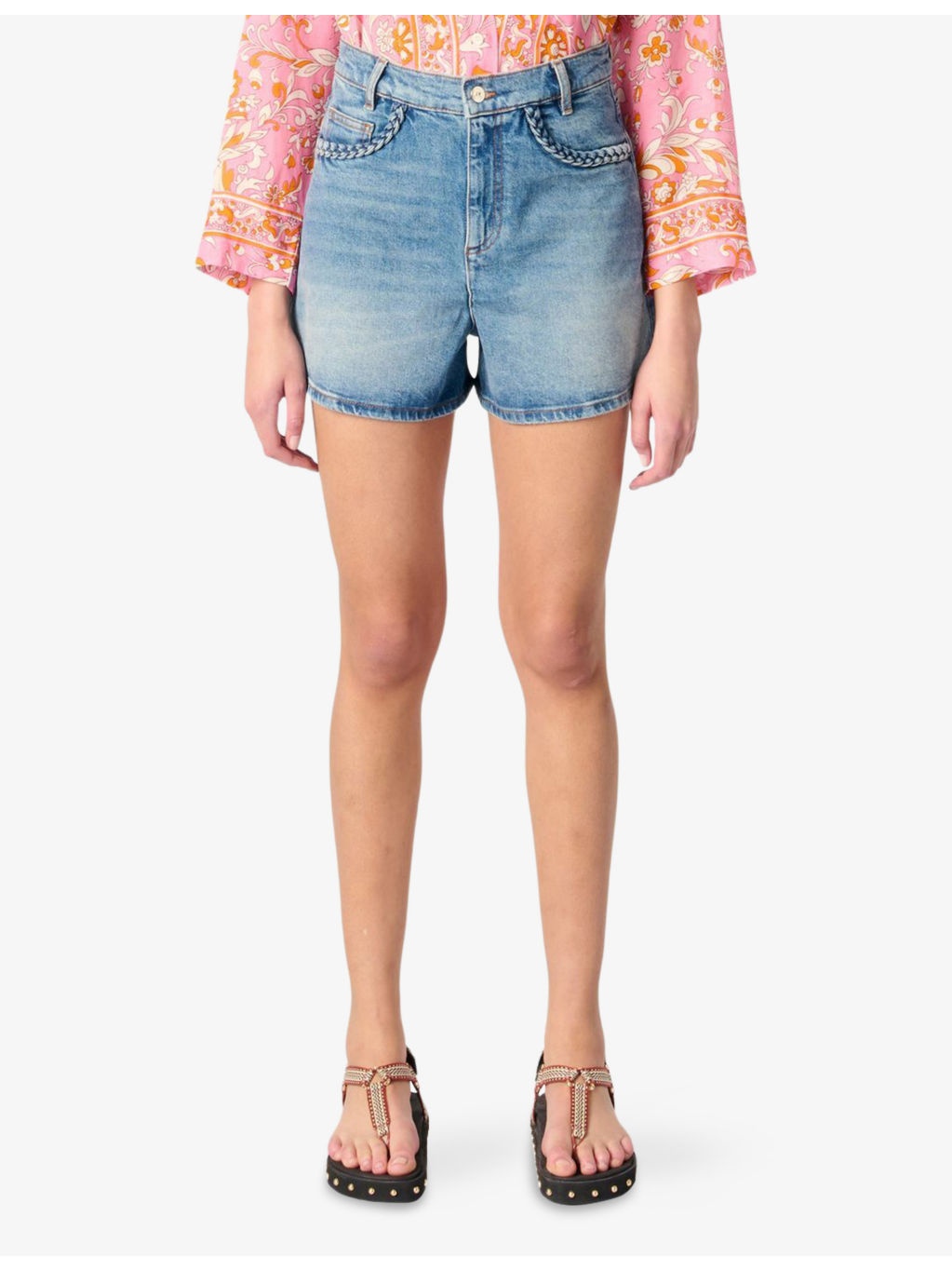 Braided-Trim Faded-Wash Denim Shorts - 3