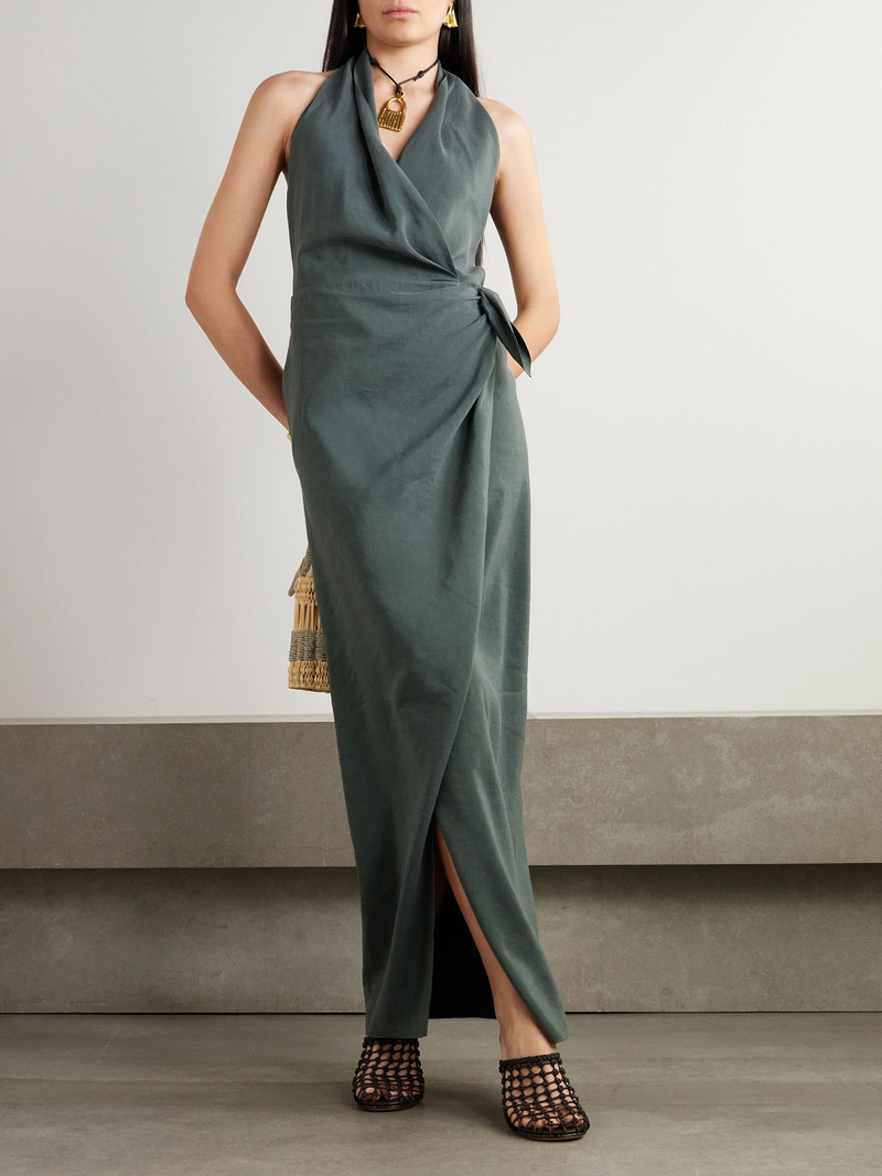 cortana Mona linen and silk-blend halterneck maxi wrap dress Green outlook