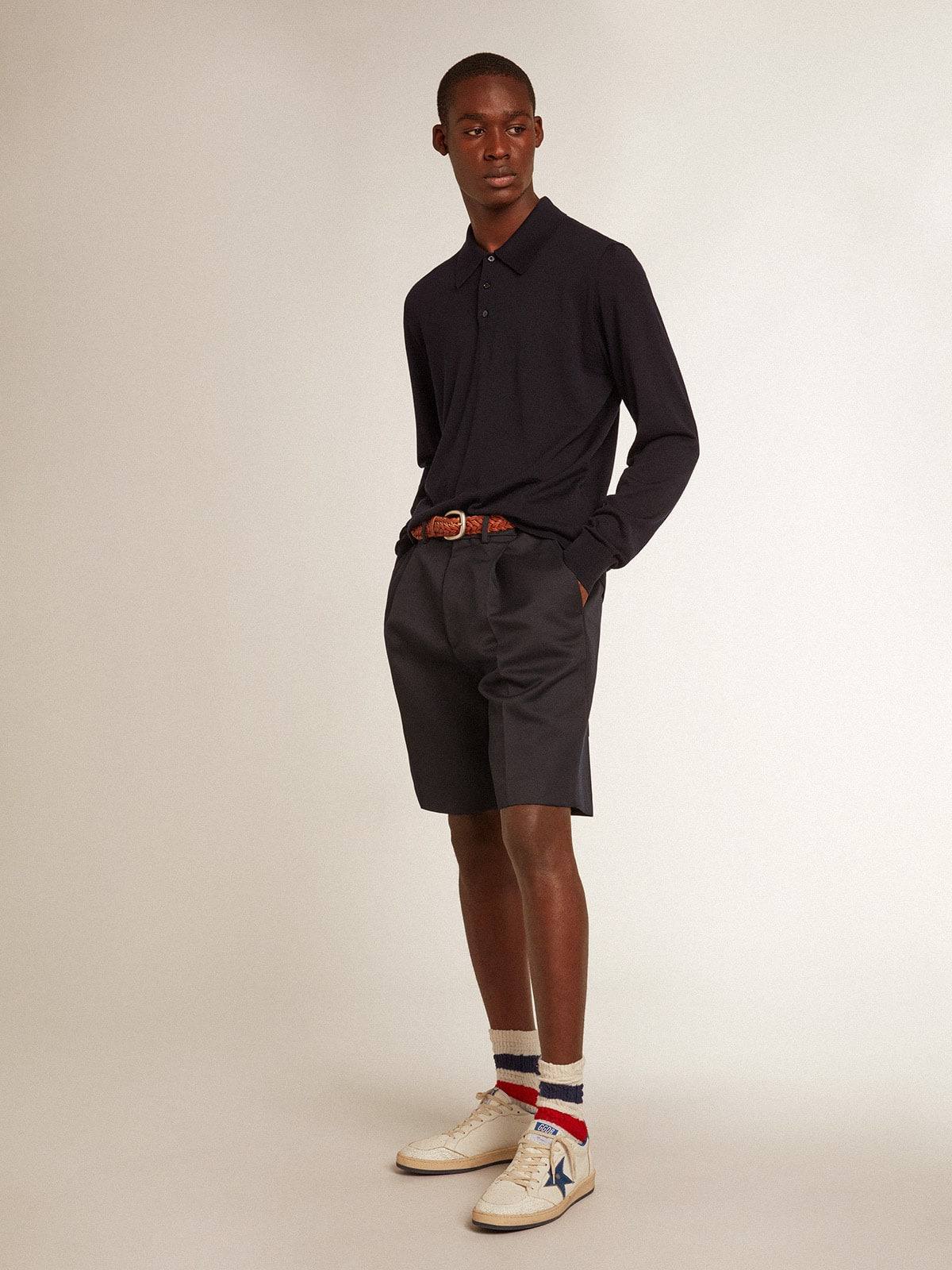 Men’s long-sleeved polo shirt in navy-blue merino wool - 3
