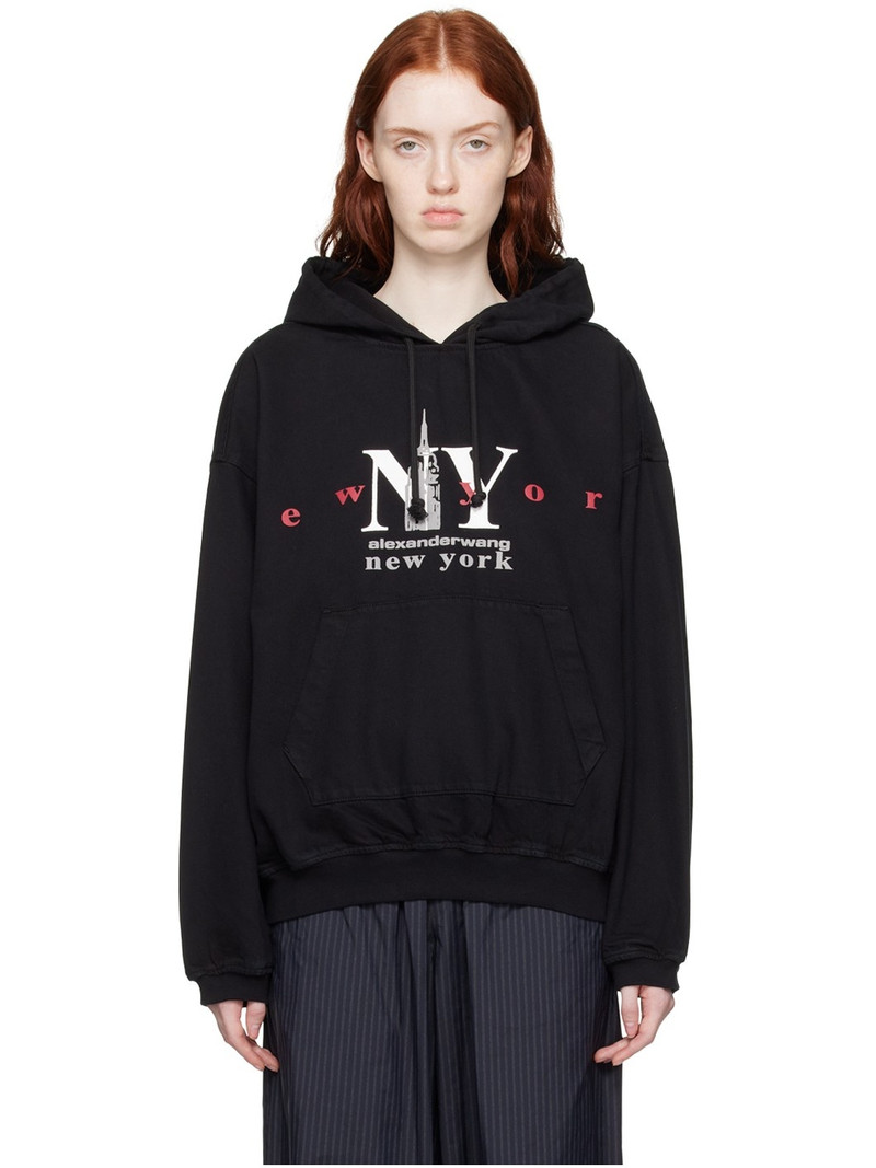 Black Printed Denim Hoodie - 1