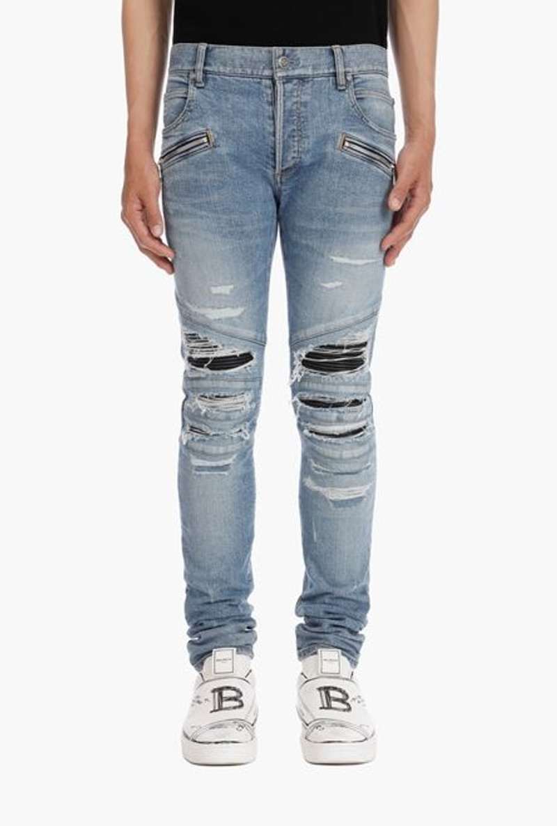 Slim-cut ripped blue cotton jeans with synthetic leather panels 7