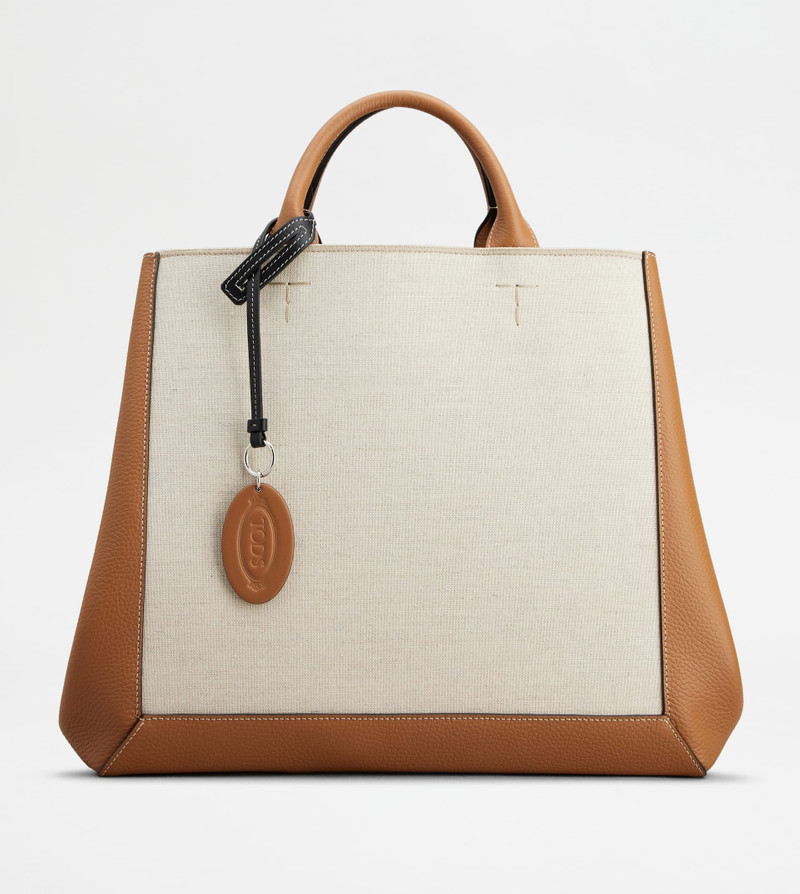 TOD'S DOUBLE UP SHOPPING BAG IN LEATHER AND CANVAS LARGE - BROWN, OFF WHITE - 1