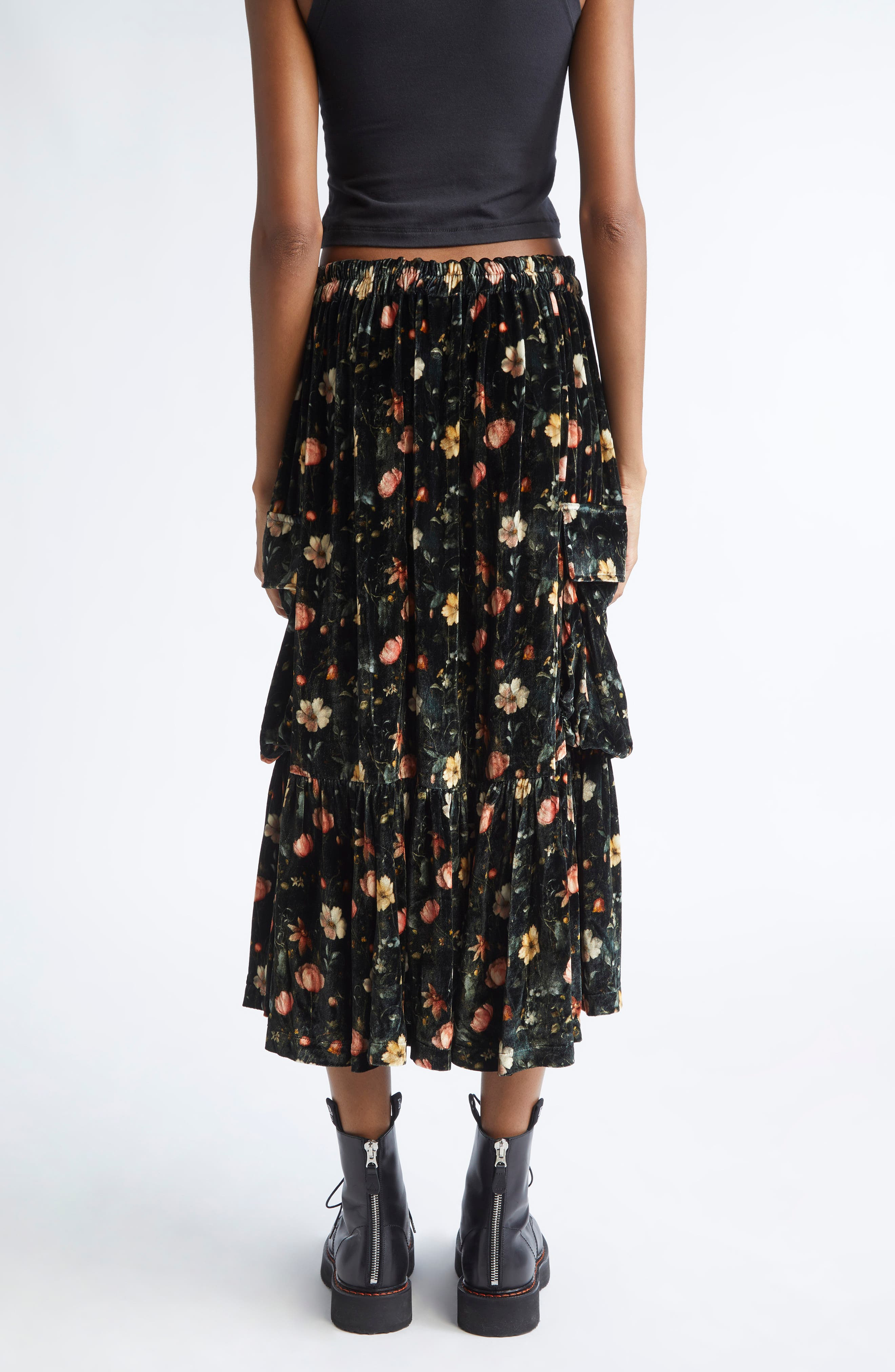 R13 Gathered Floral Velvet Cargo Midi Skirt in Multifloral Black at Nordstrom - 2