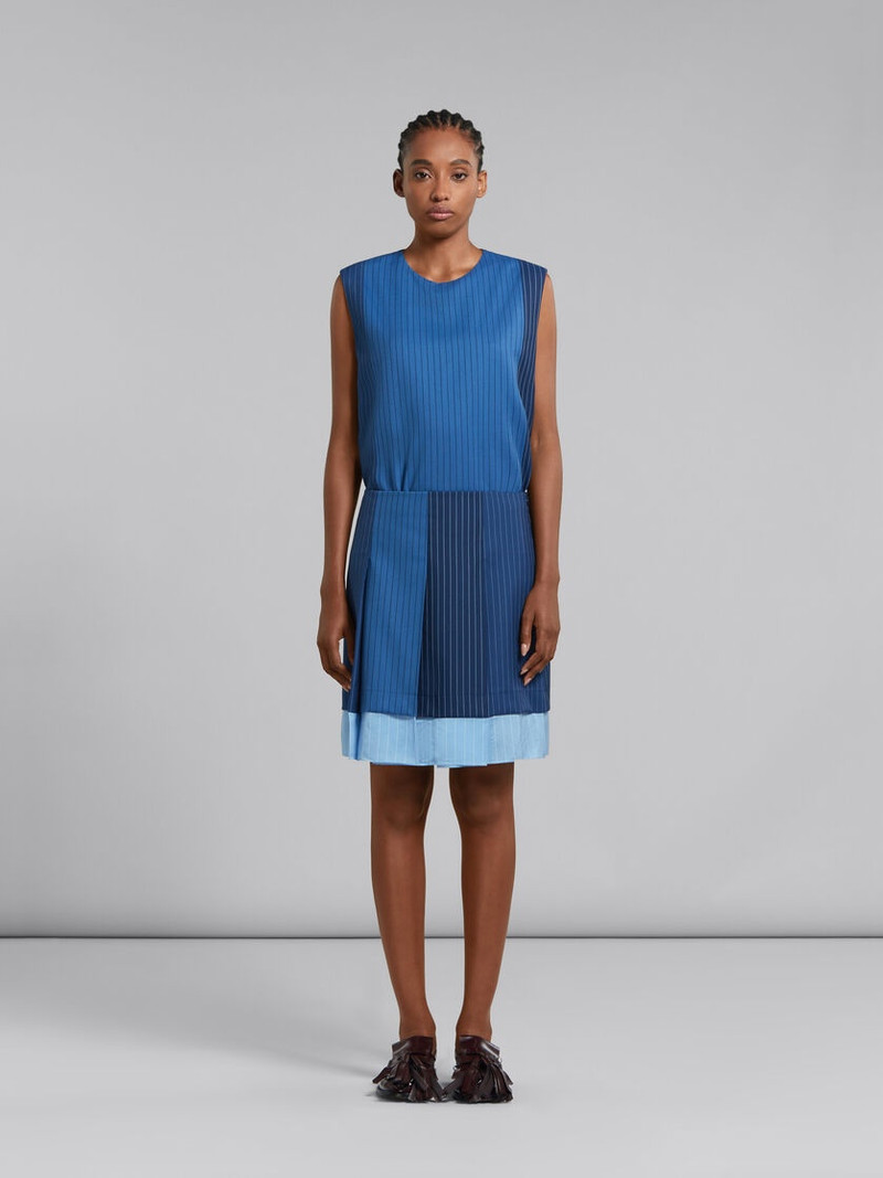 Marni BLUE DÉGRADÉ PINSTRIPE WOOL MINI SKIRT WITH PLEATS outlook