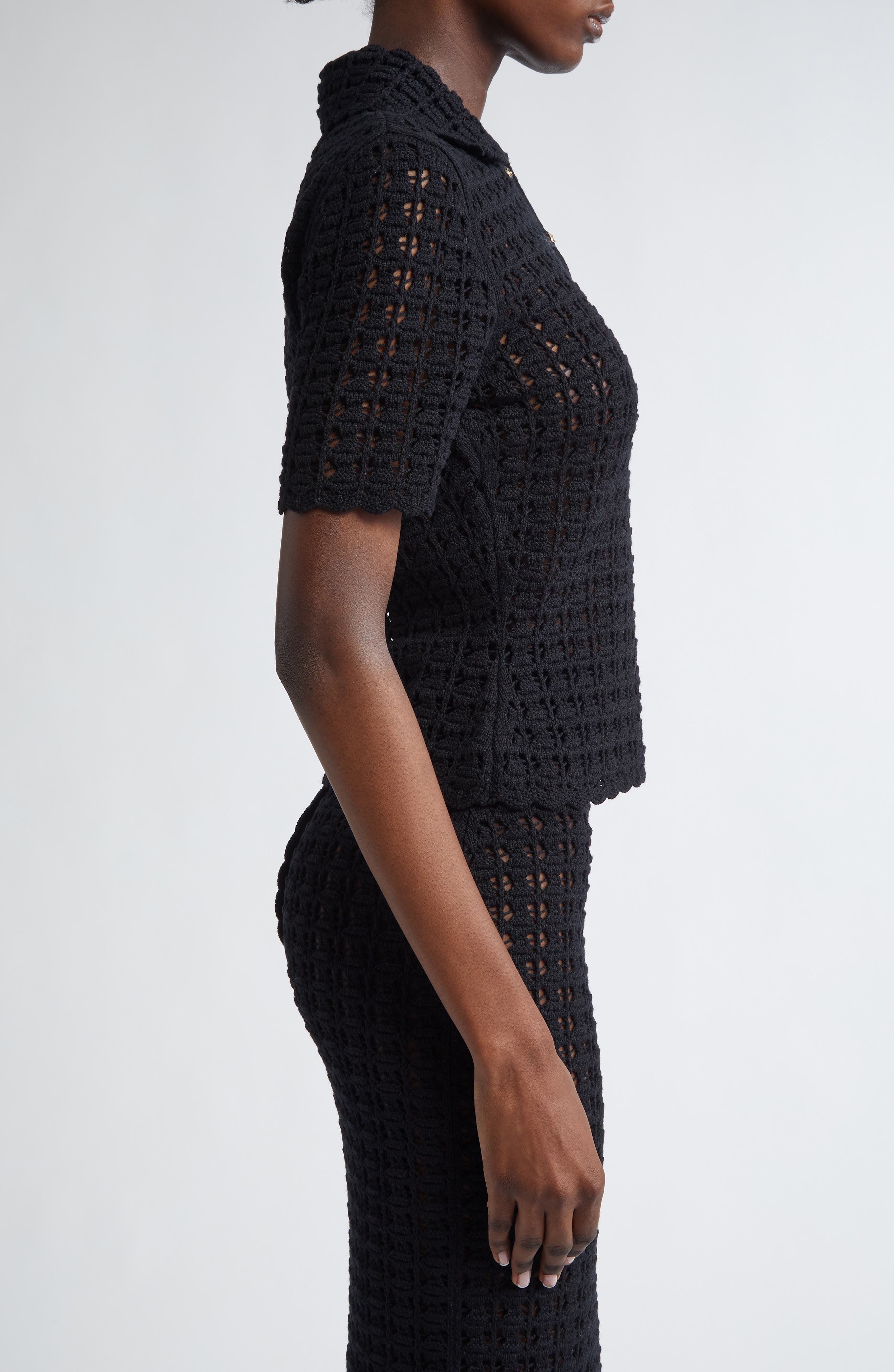 Dolce&Gabbana Lace Stitch Virgin Wool Polo Sweater in N0000 Nero at Nordstrom - 4
