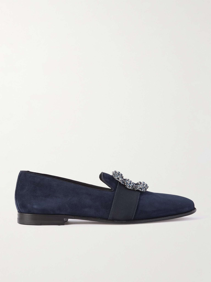 Carlton Crystal-Embellished Grosgrain-Trimmed Suede Loafers - 1