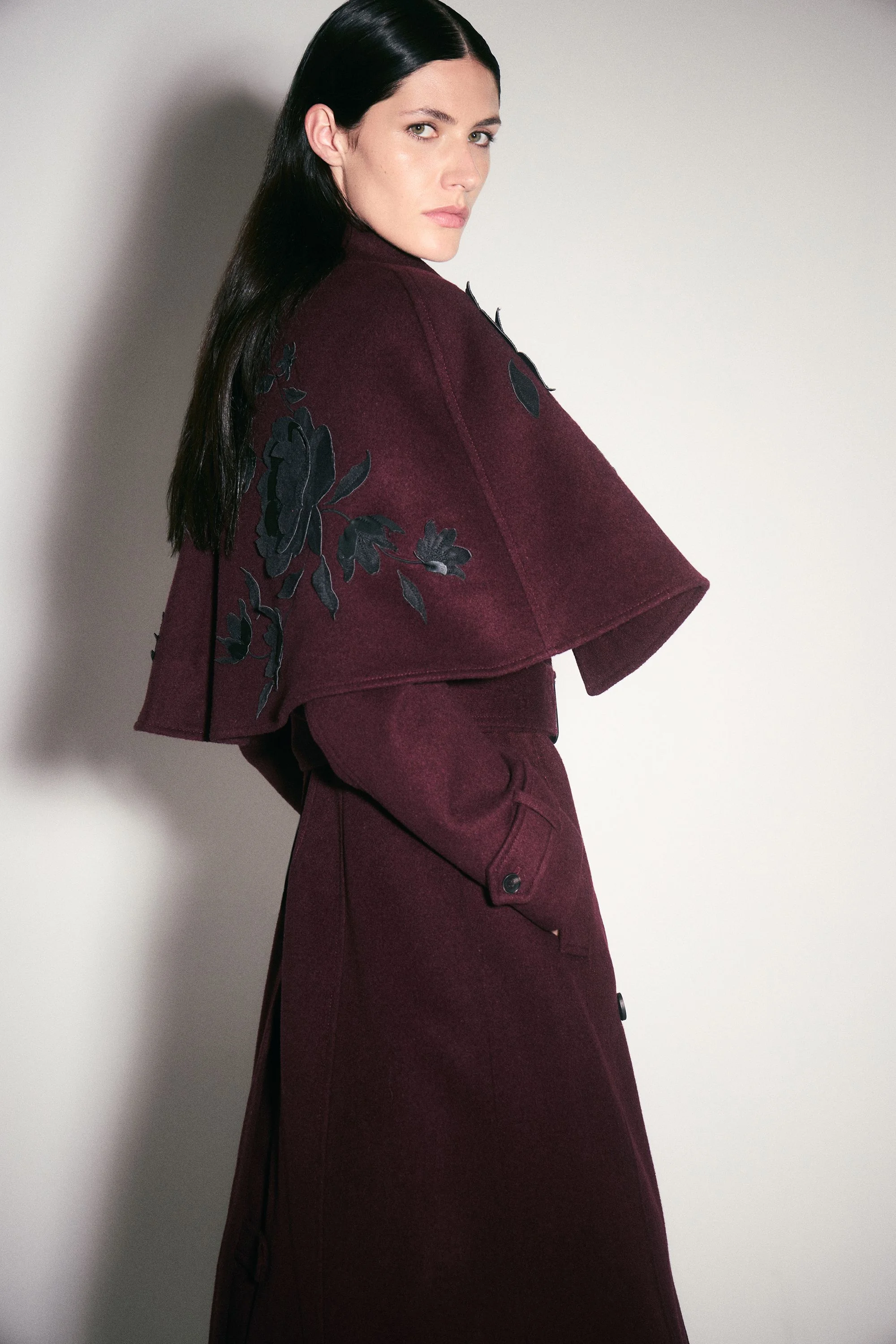Brushed Wool Pu Mix Placed Floral Embroidery Applique Tailored Cape Full Skirted Midi Coat - 1