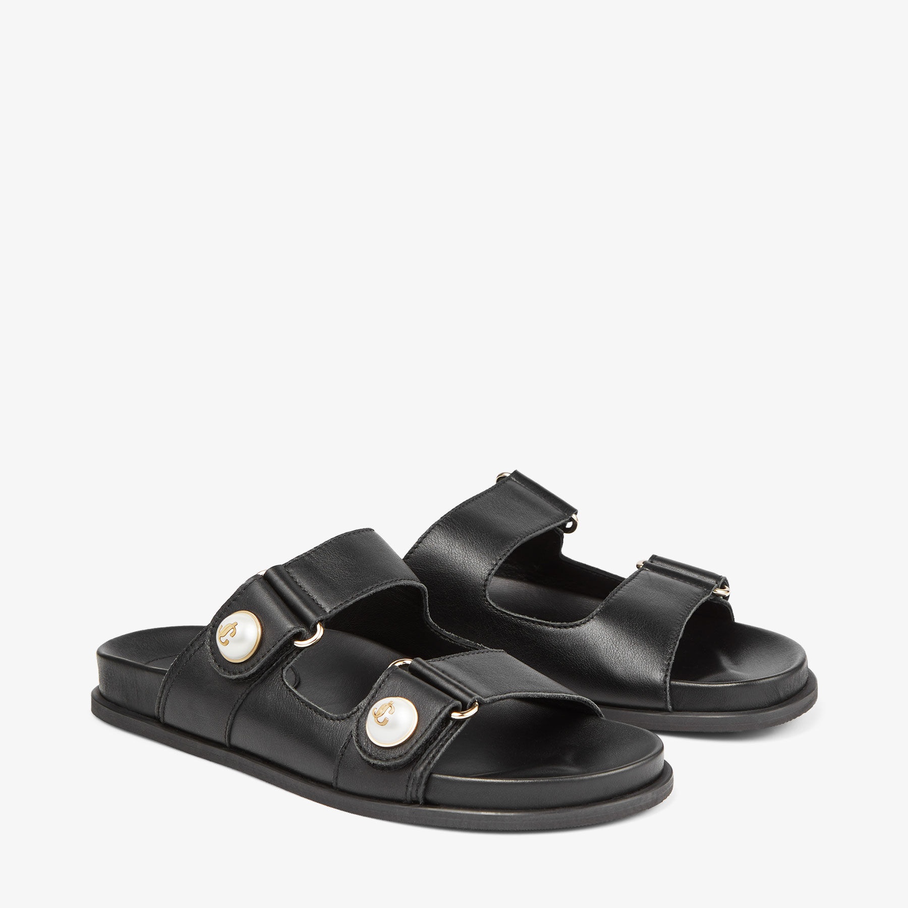 JIMMY CHOO Fayence Sandal Black Leather Flat Sandals with Pearl