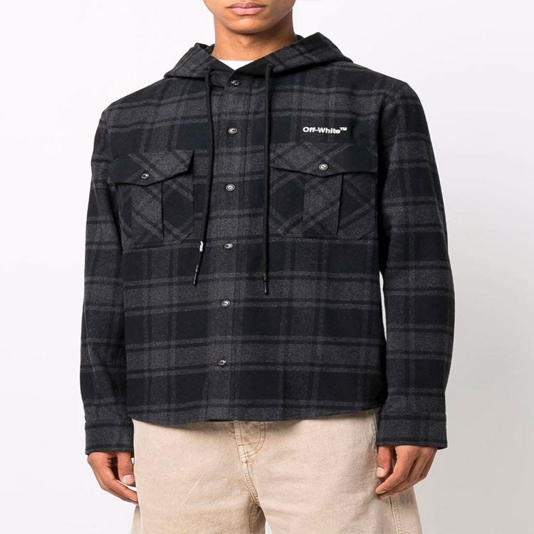 Off-White SS22 Plaid hooded Long Sleeves Shirt Version Black OMGA225C99FAB0010701 - 2