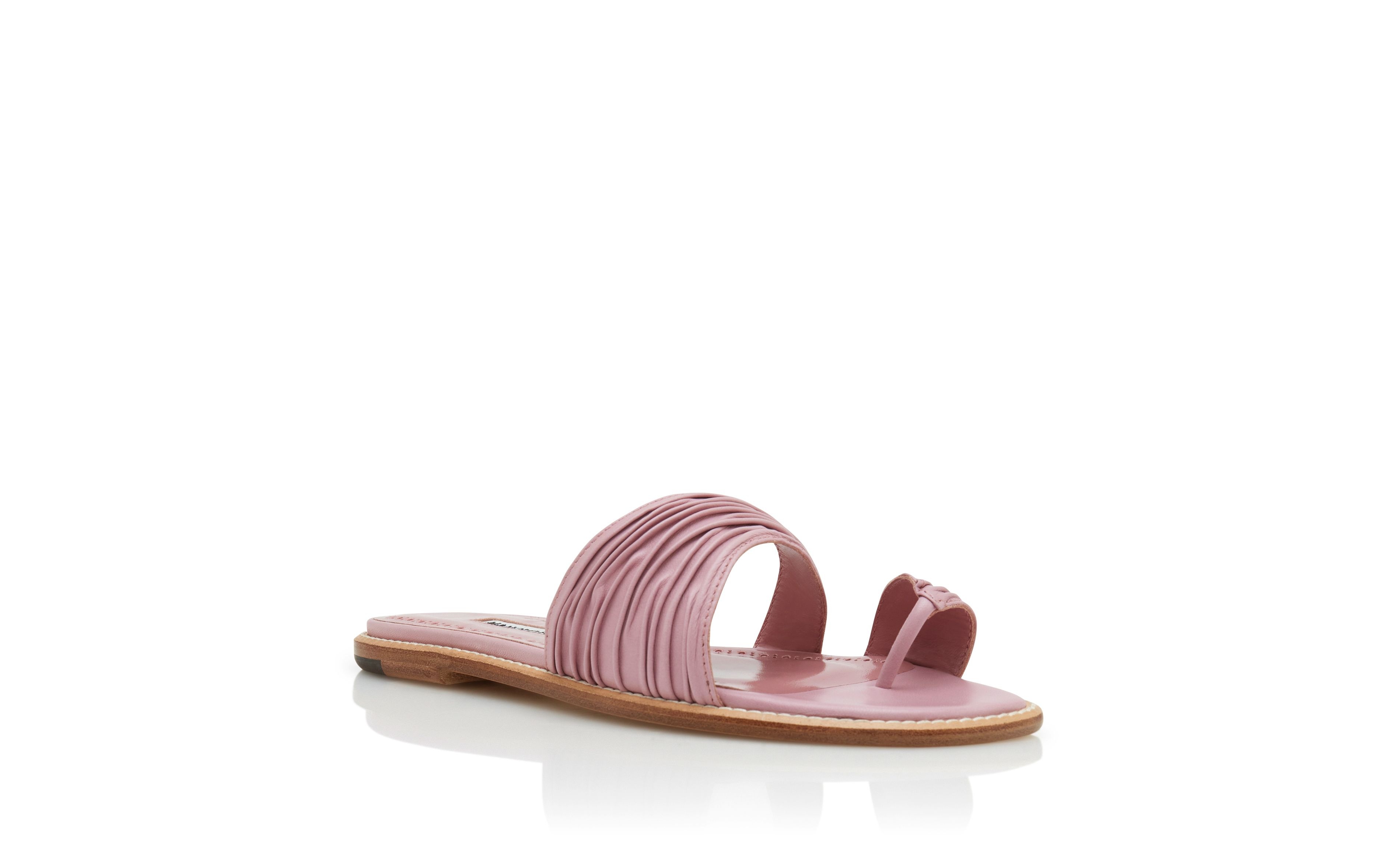 Pink Nappa Leather Gathered Flat Sandals - 3