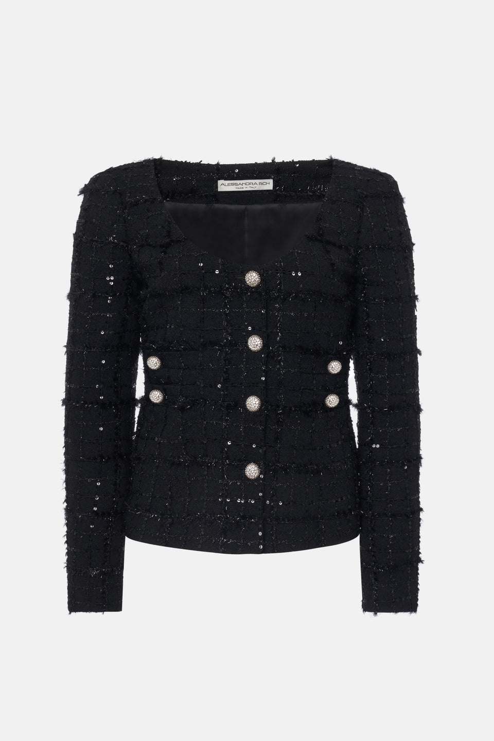 SEQUIN CHECKED TWEED ROUND NECK JACKET - 1