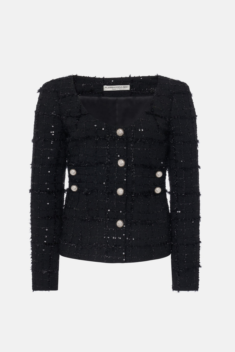 SEQUIN CHECKED TWEED ROUND NECK JACKET 1
