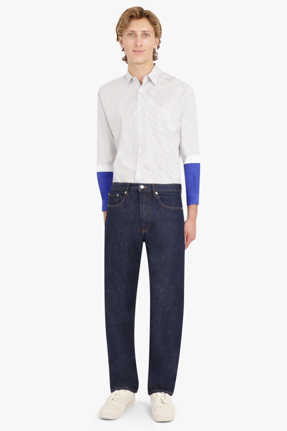 COTTON STRIPE LOWER SLEEVE SHIRT | BLACK/WHITE/BLUE - 2