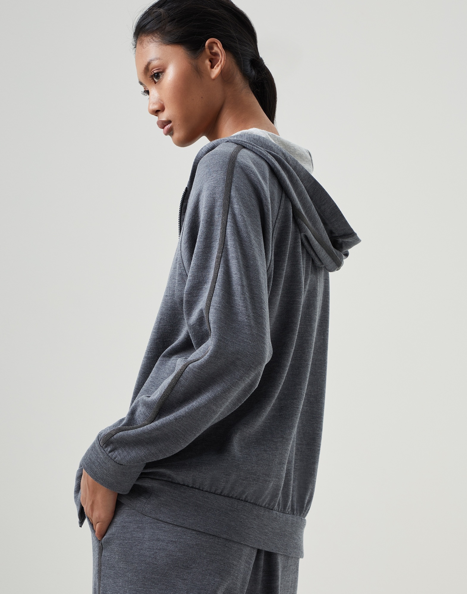 Cotton and silk interlock hooded sweatshirt with precious stripe - 2