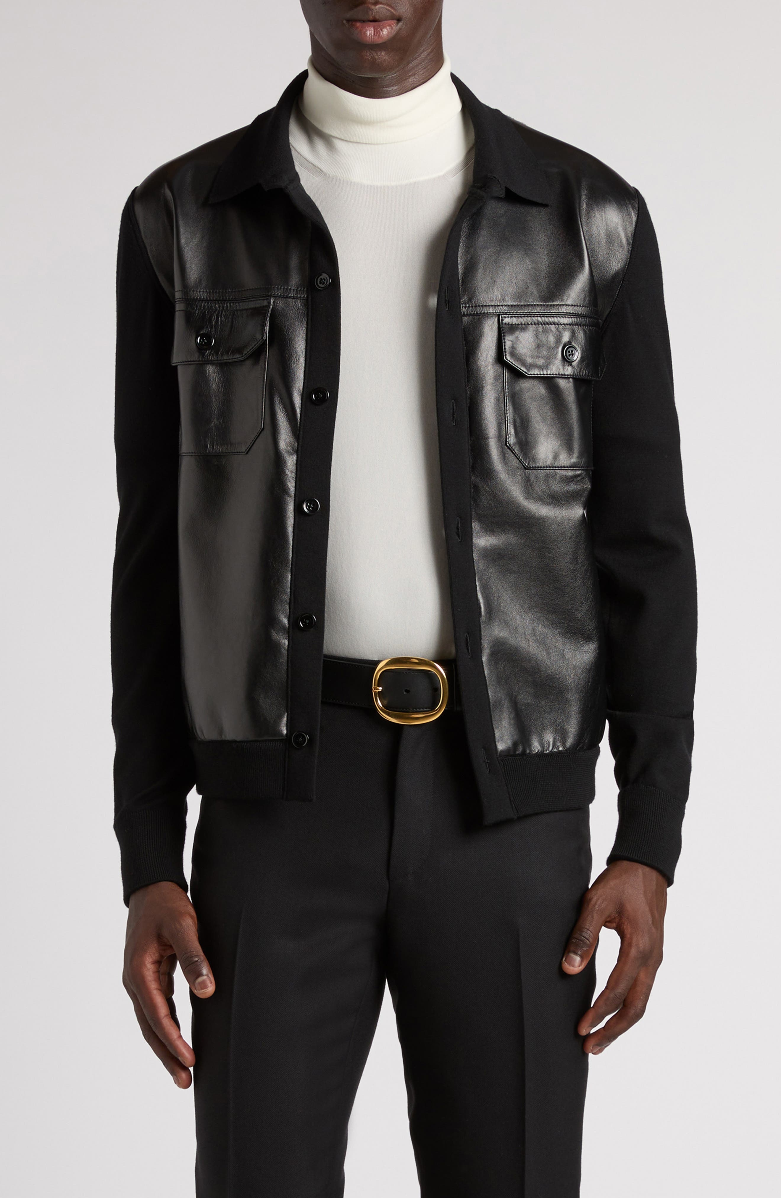 TOM FORD Mixed Media Leather & Wool Shirt Jacket in Lb999 Black at Nordstrom - 1