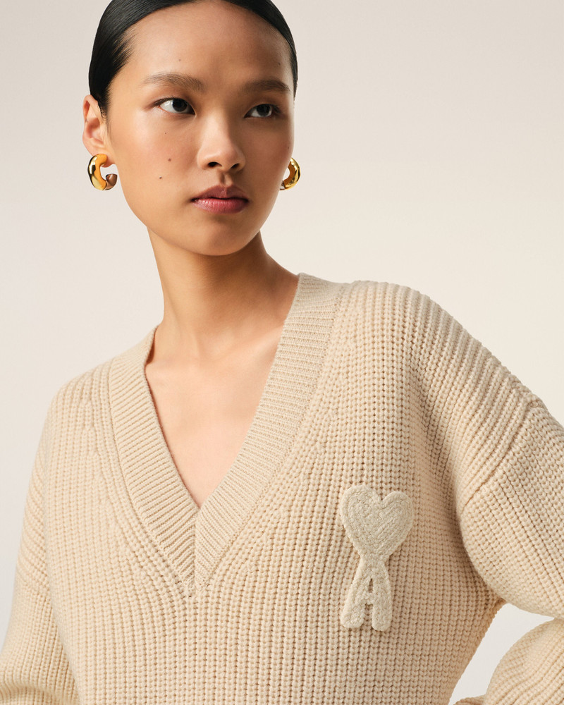 BEIGE WOOL RIBBED V NECK SWEATER 4