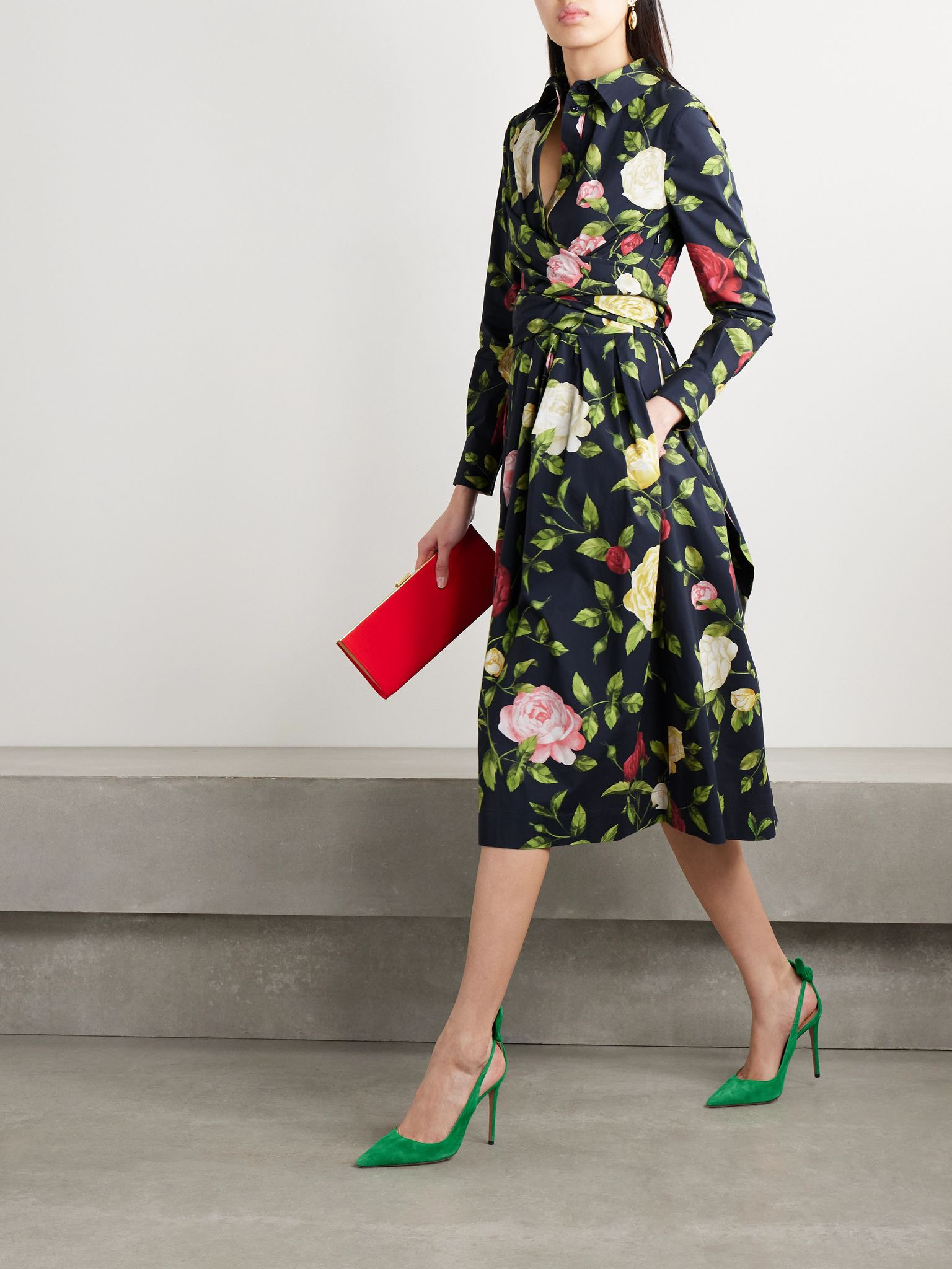 Wrap-effect floral-print cotton-blend poplin midi dress Navy - 2