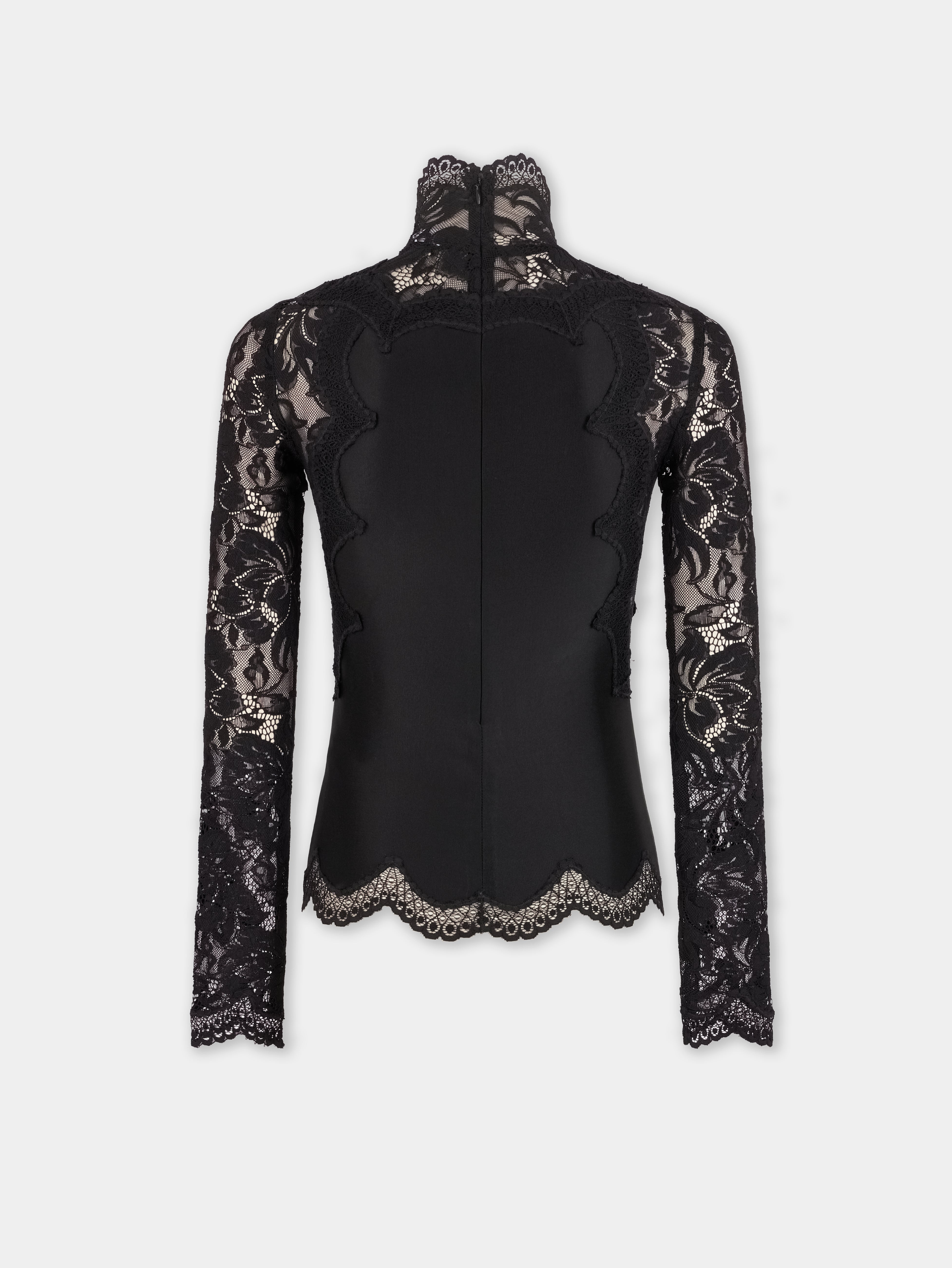 BLACK LONG SLEEVE TOP IN LACE AND JERSEY - 6