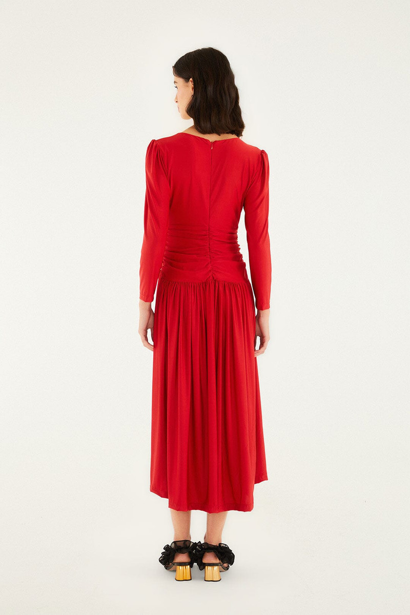 Red 3D Roses Long Sleeve Draped Midi Dress 4