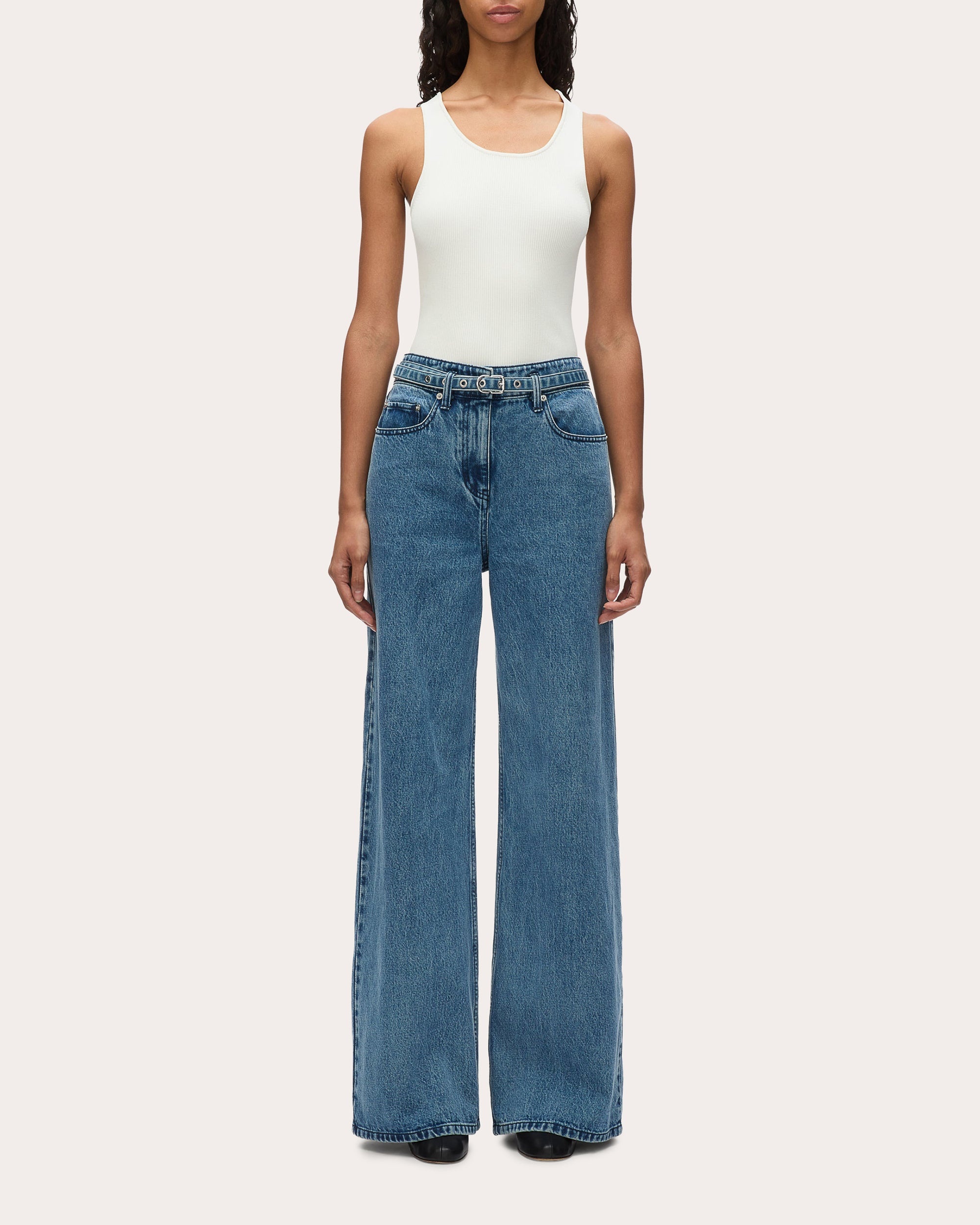 Belted Wide-Leg Denim Jeans - 5