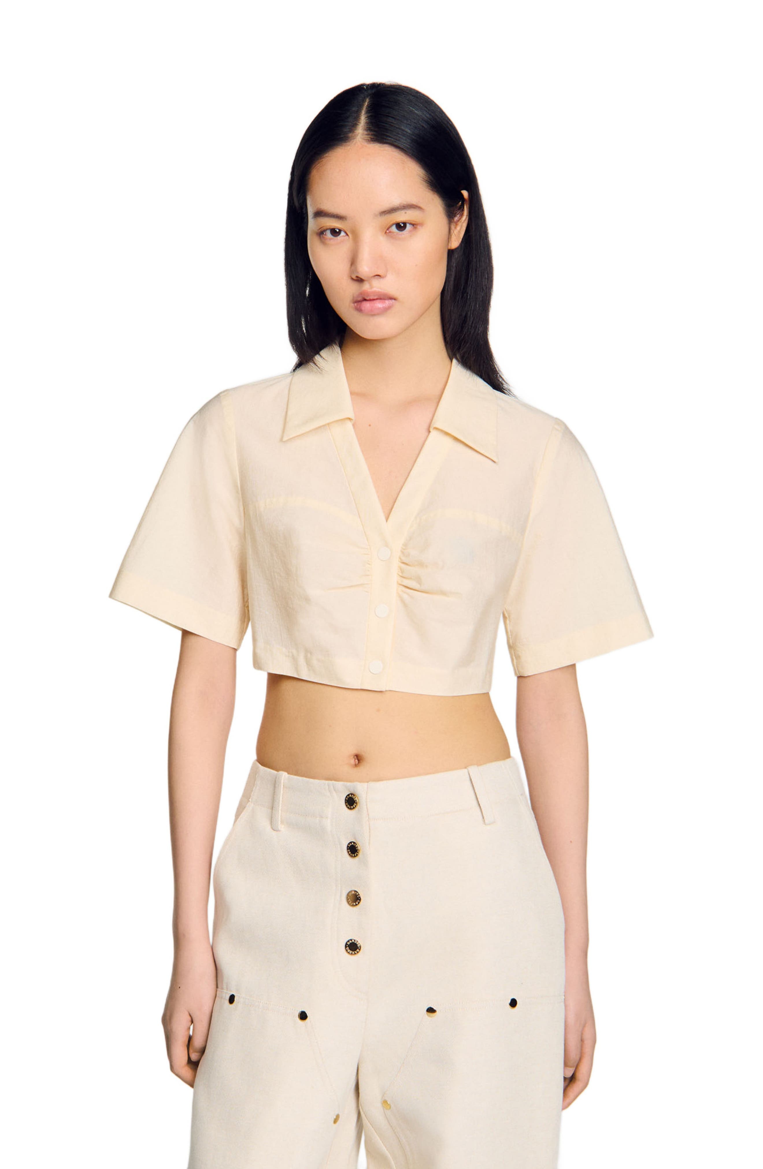 SANDRO Cropped gathered shirt in Ecru at Nordstrom - 3