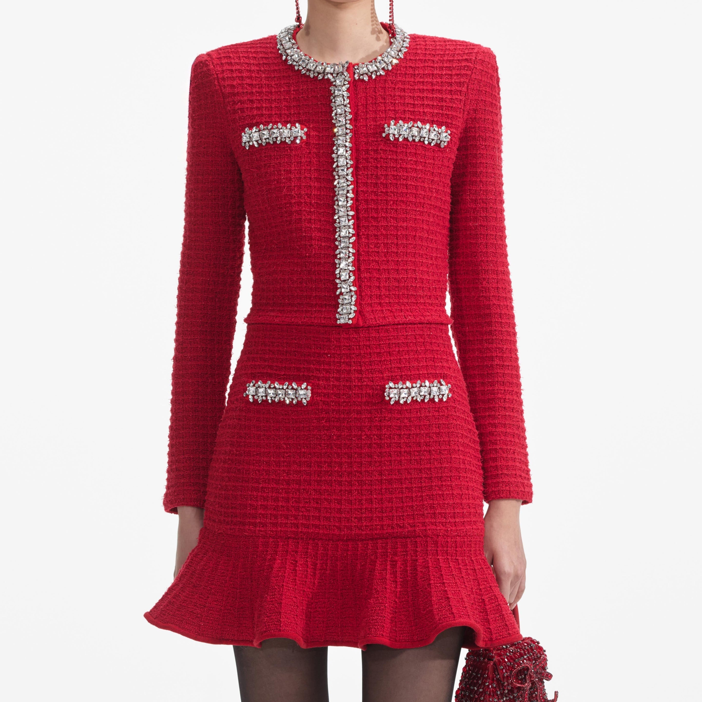 Red Textured Knit Mini Skirt - 4