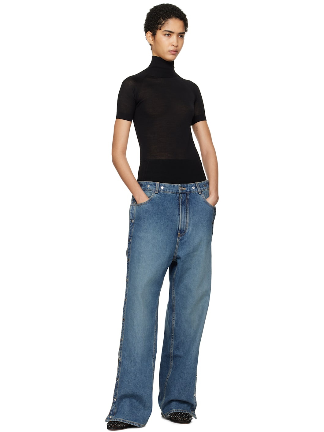 Blue Knit Band Jeans - 5