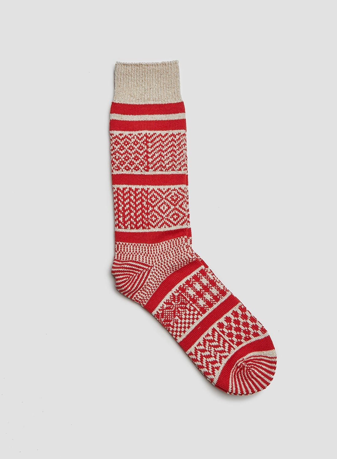 Rototo Multi Jacquard Crew Sock in Ivory/Red - 3