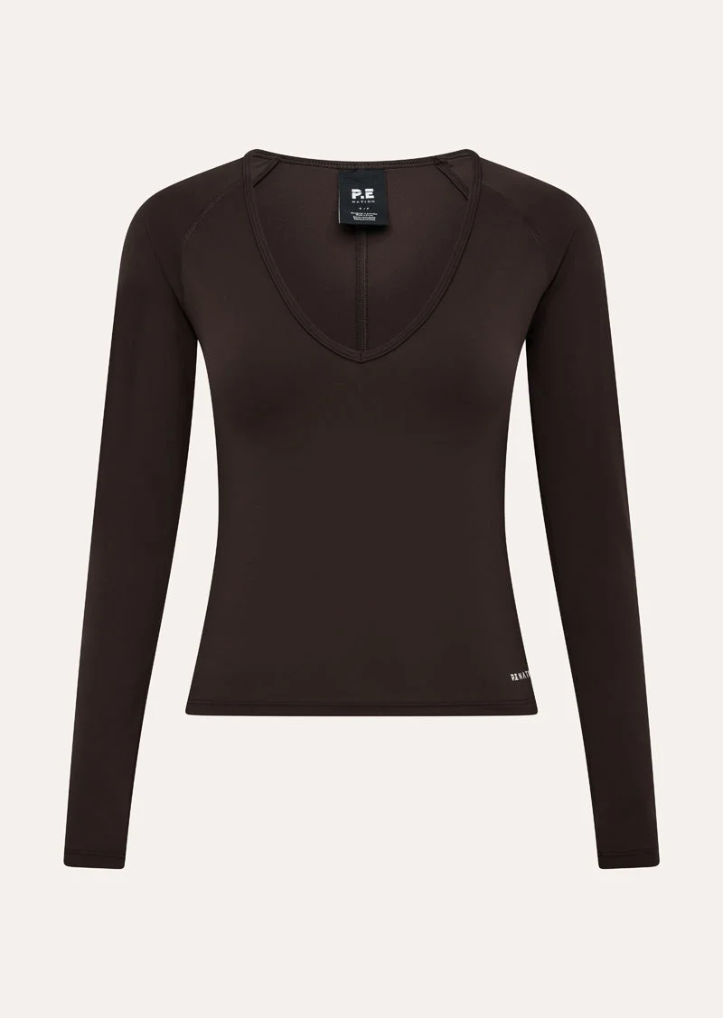 SIGNATURE V NECK LONG SLEEVE TOP IN ESPRESSO - 1