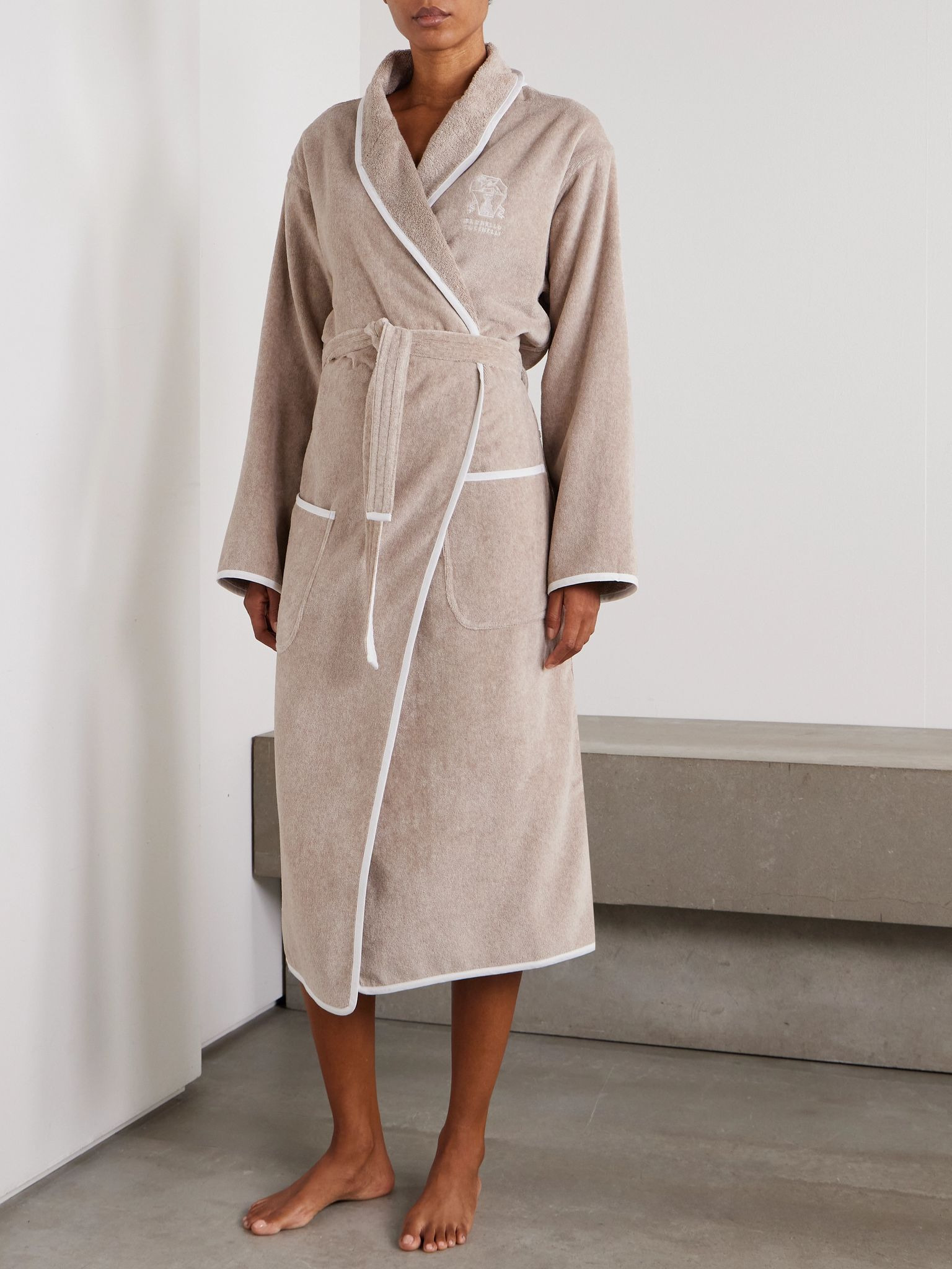 Embroidered linen-trimmed cotton-terry robe Beige - 2