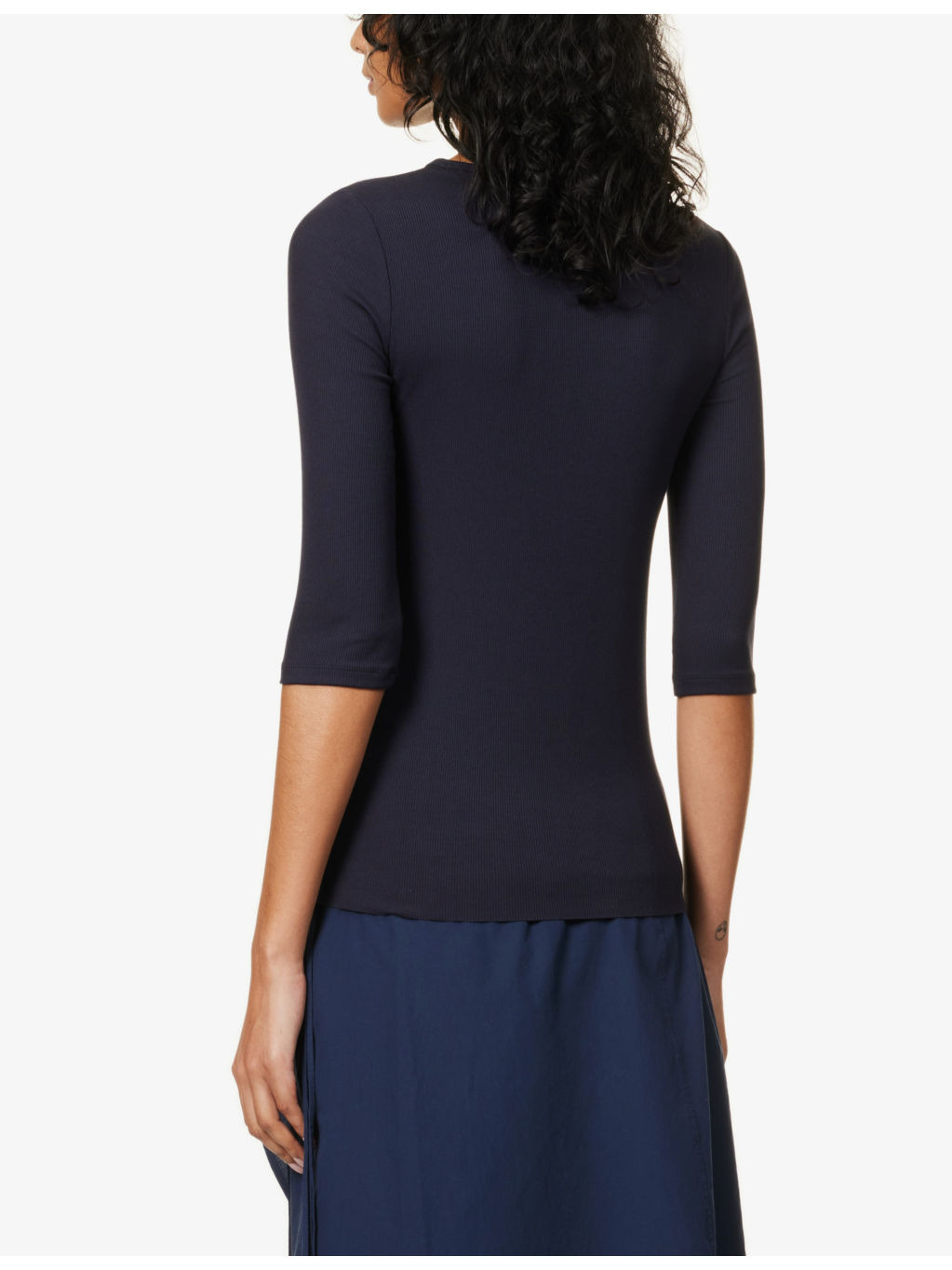 Three quarter-length sleeve ribbed stretch-woven top - 4