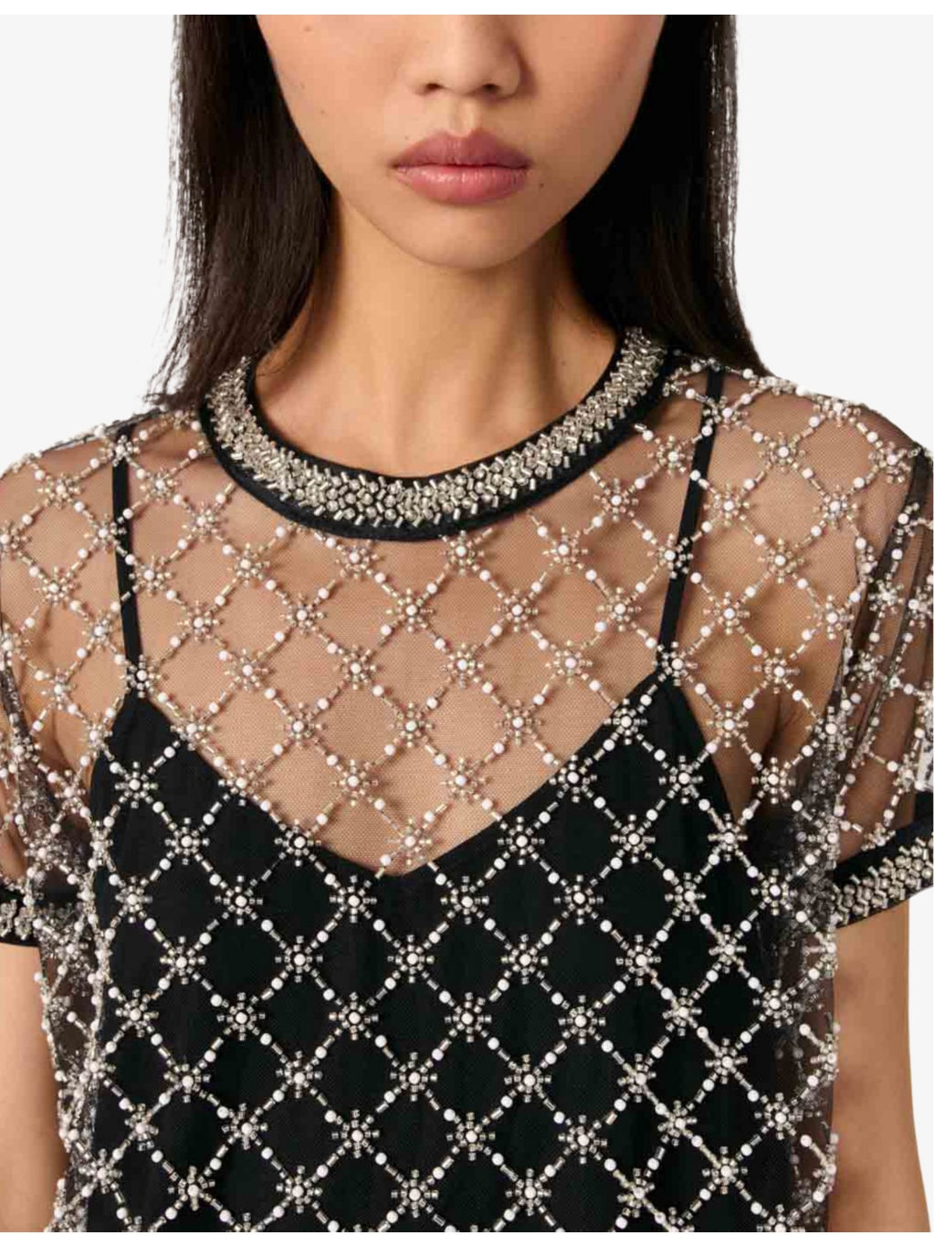 Embellished round-neck short-sleeve tulle mini dress - 5
