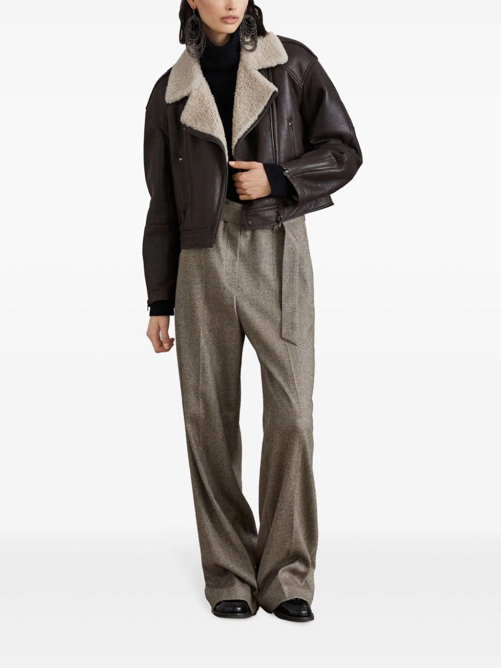 Brunello Cucinelli Women Leather Biker Jacket With Shearling Collar - 2