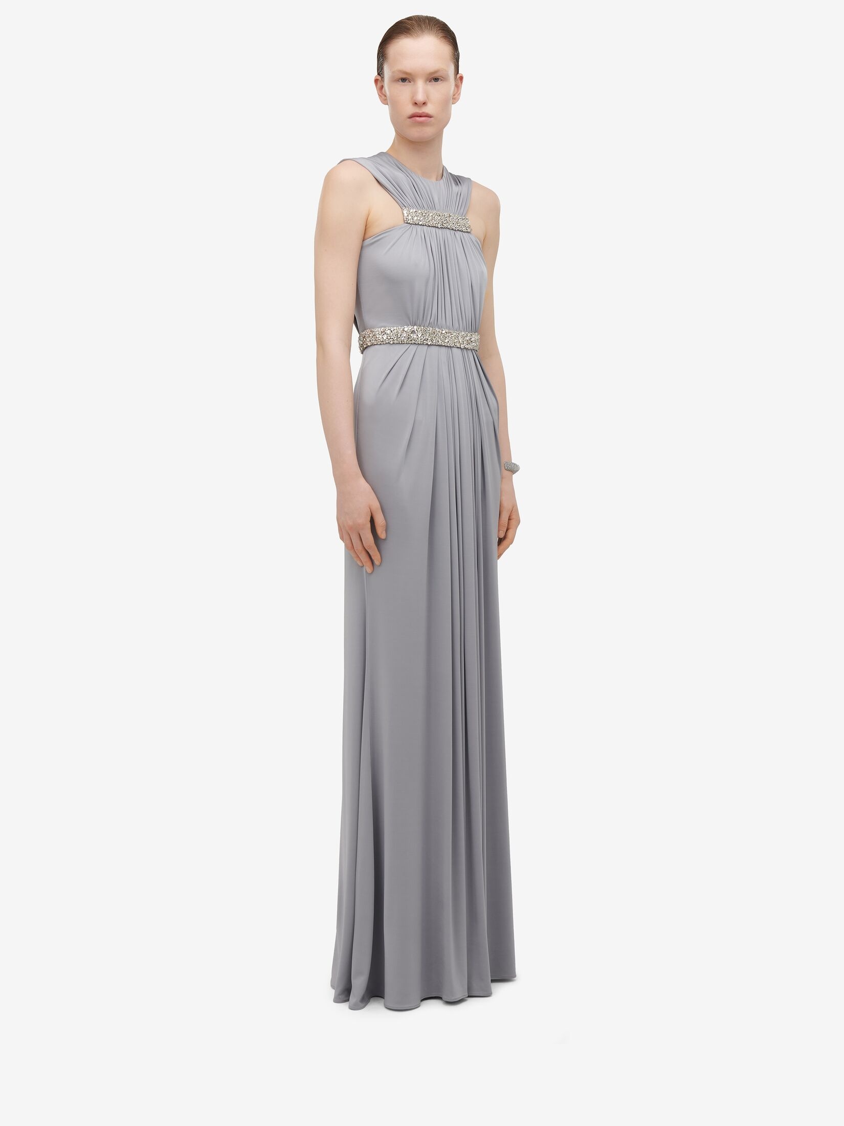 Women's Gathered Cape Evening Dress in Silver Grey - 3