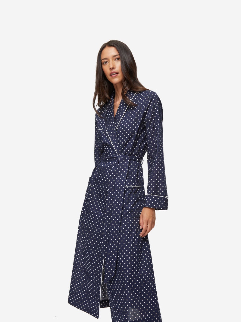 Women's Long Dressing Gown Plaza 60 Cotton Batiste Navy - 5
