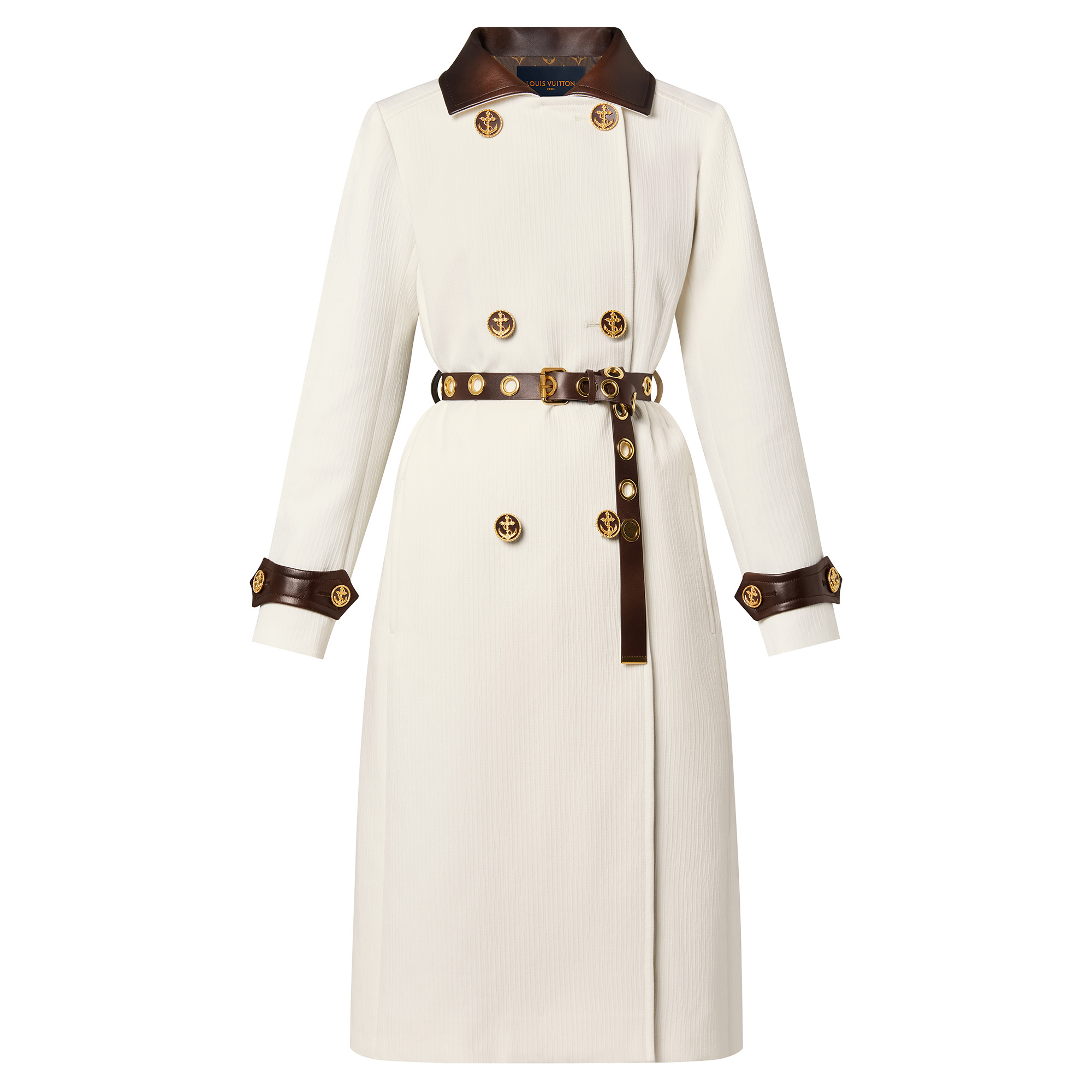 Leather Accent Ribbed Long Coat - 1