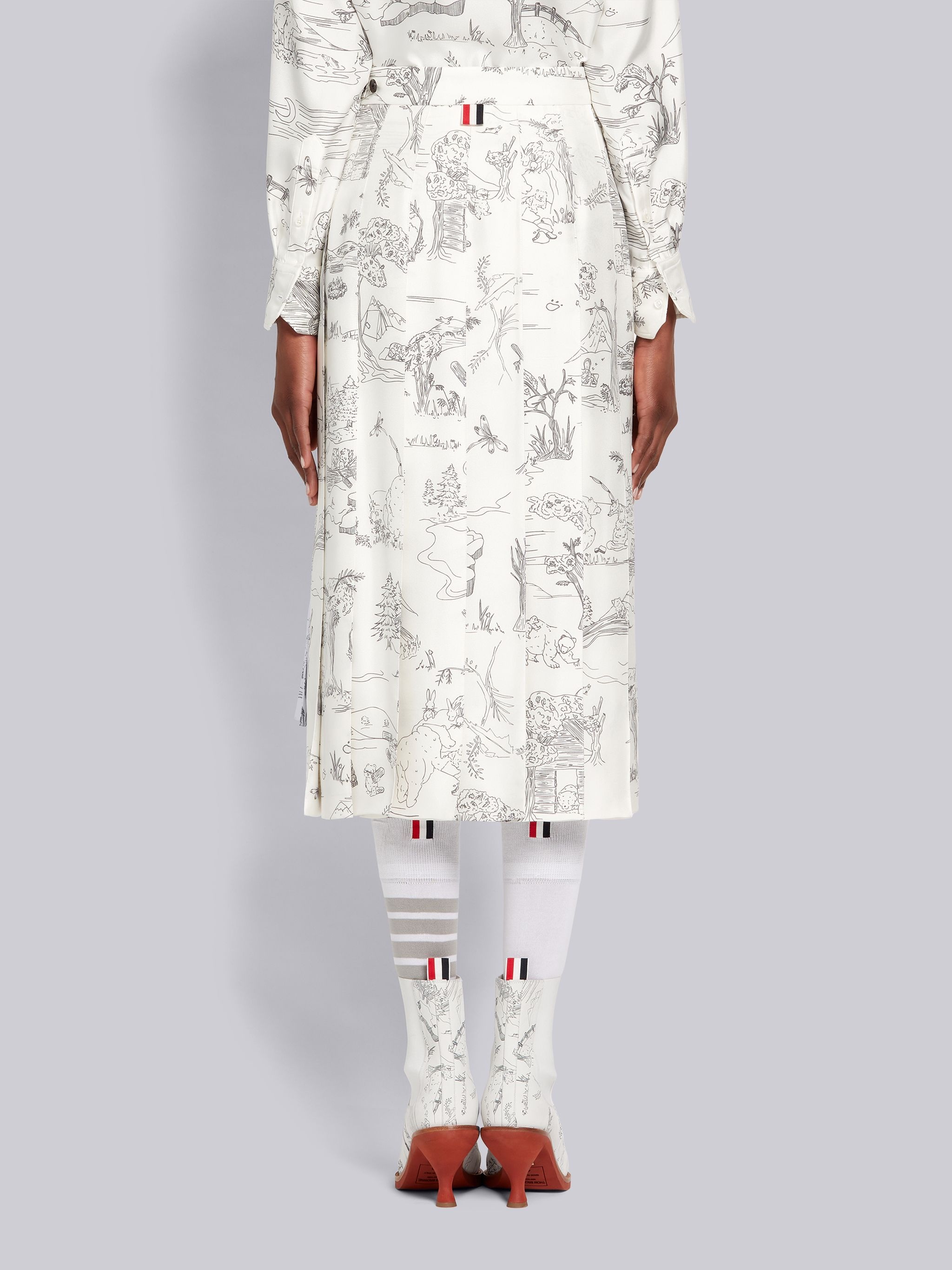 White Silk Twill Animal Camp Toile Dropped Back Pleated Below-the-Knee Skirt - 3